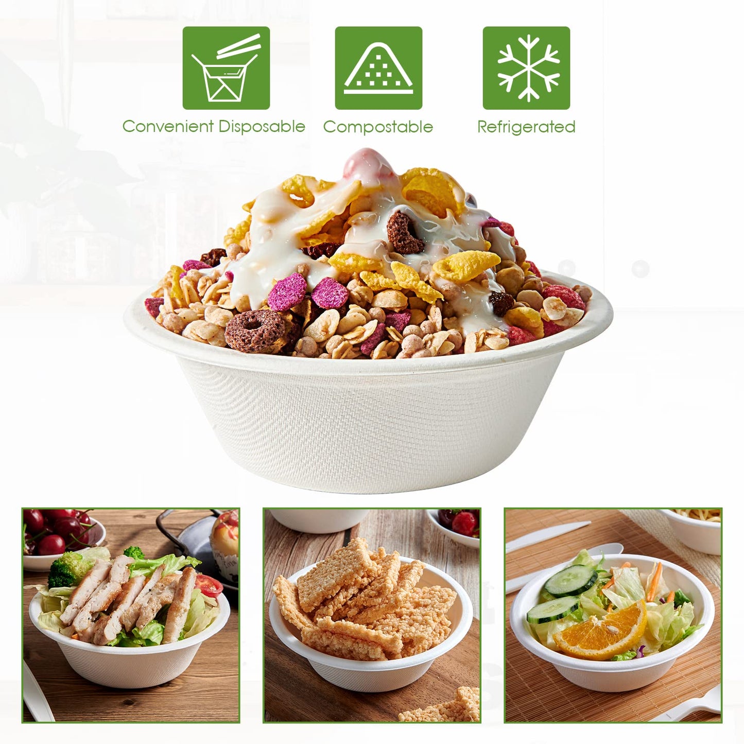 Vplus 500 Pack 12 OZ Paper Bowls Bulk, Disposable Compostable, Eco-friendly Bagasse, Heavy-duty Bowls Perfect for Milk Cereals, Snacks, Salads