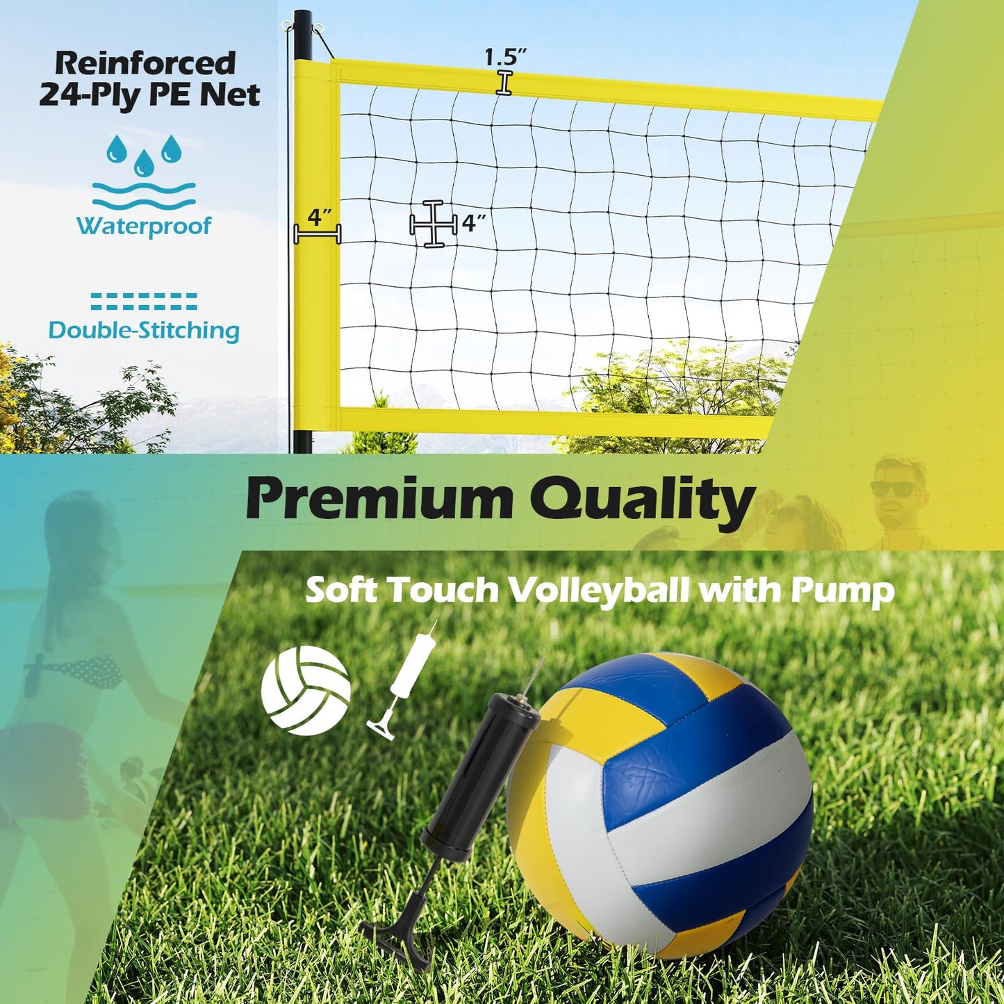GYMAX Volleyball Net, Portable Volleyball Set with Adjustable Poles & Anti-Sag Design, Includes Beach Stakes, Scoreboard, Boundary Line and Carry Bag for Outdoor Backyard Beach Grass (Yellow)