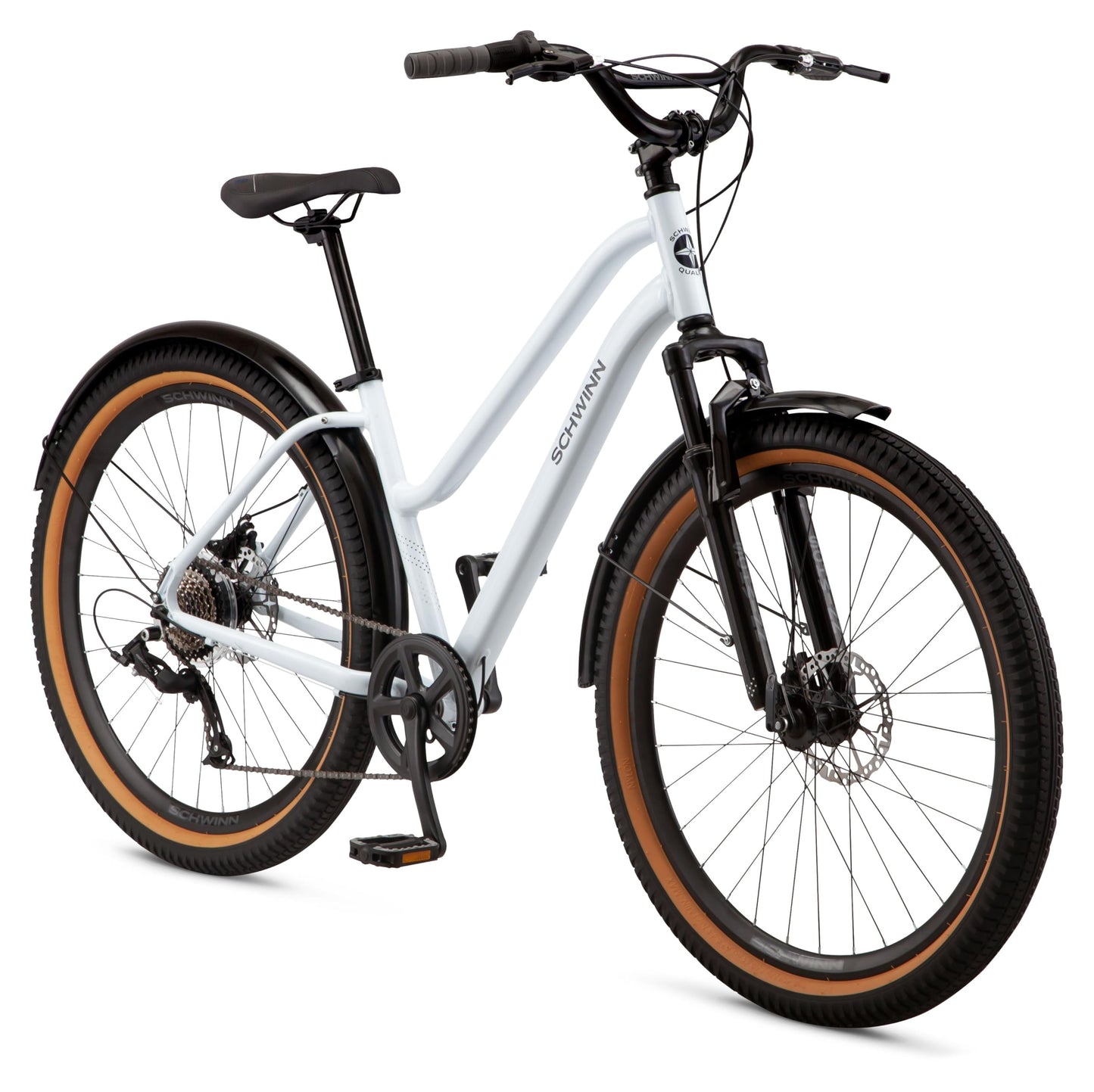 Schwinn Vega CE Hybrid Bike, 27.5 Inch Mens and Womens Bike, 8-Speed Hybrid Bicycle, Foot-Down Geometry, Suspension Fork, High-Rise Handlebars, Wide Seat, Fenders, Adult Bicycle