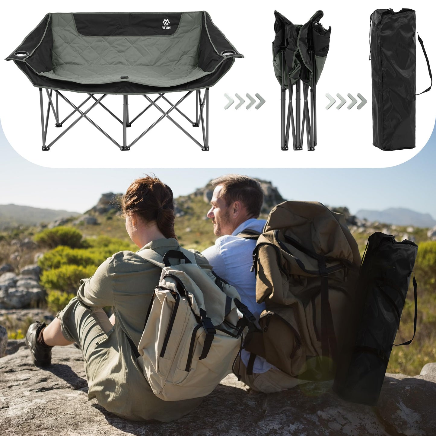Camping Chair, Oversized Loveseat Double 2 Person Outdoor Chair with Arms, Cup Holder and Carry Bag, Heavy-Duty Collapsible Chair for Outside,Black/Gray