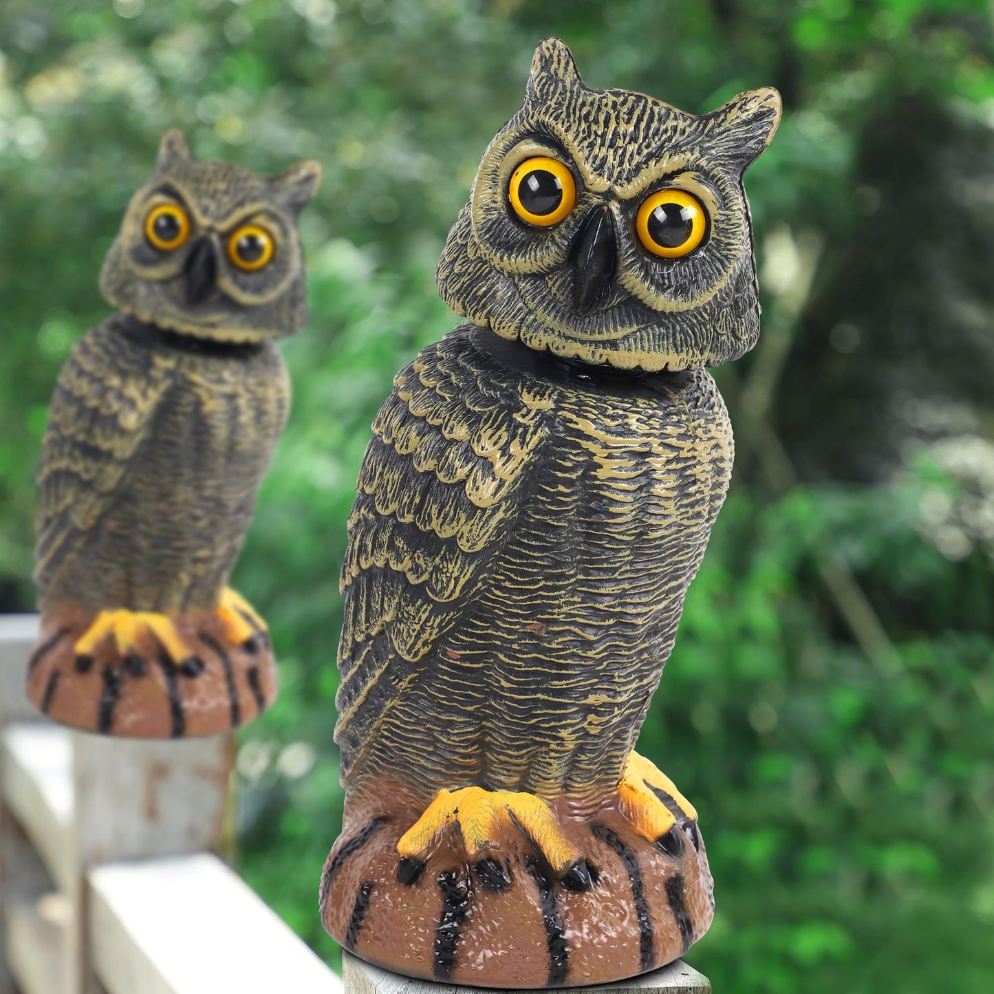 Hausse 2 Pack Bird Scarecrow Fake Owl Decoy Sculpture, Rotating Head Plastic Owl Bird Deterrents, 10.6 Inch Height Nature Enemy Horned Pest Repellent for Outdoor Garden Yard