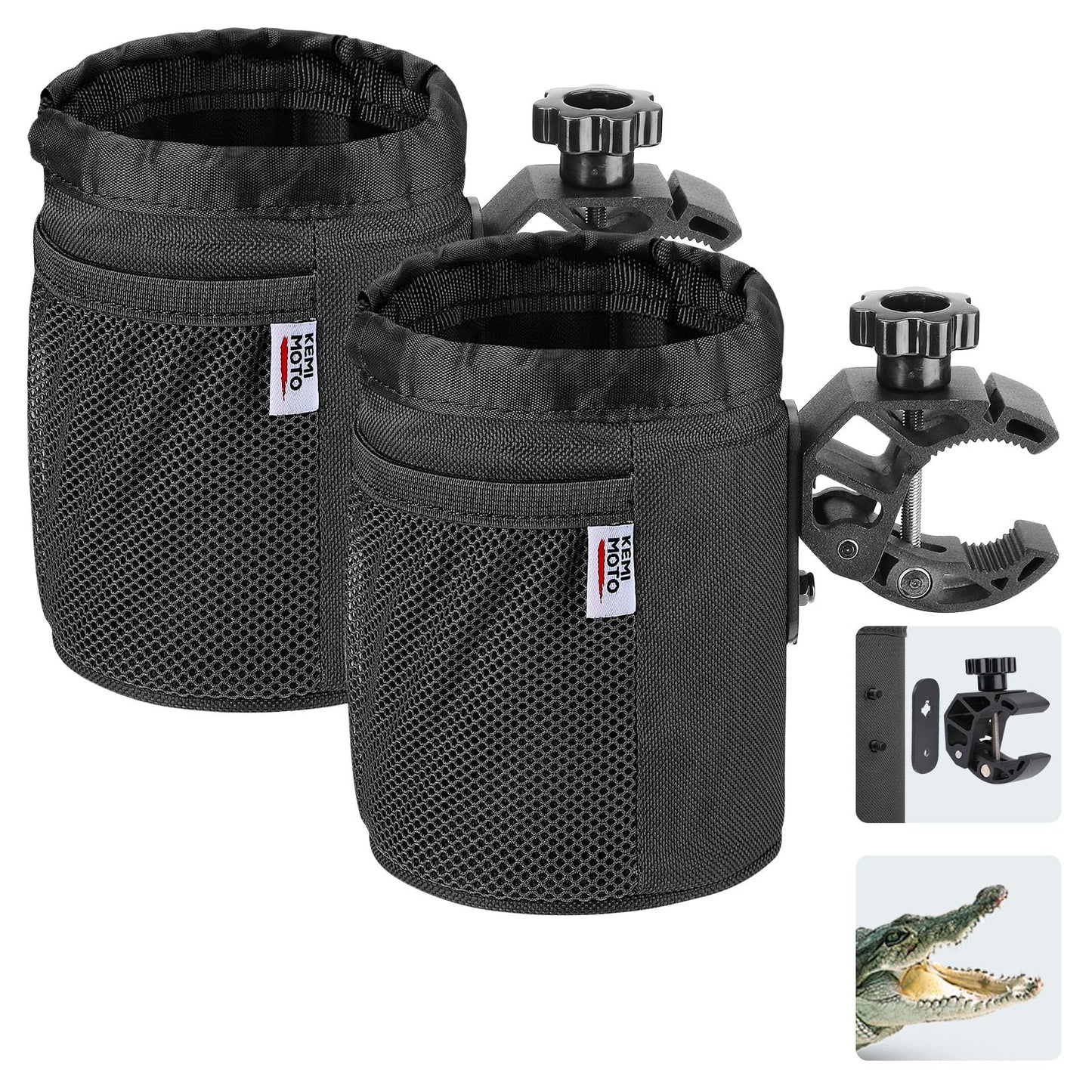 KEMIMOTO Motorcycle Cup Holder, Oxford Fabric Motorcycle Drink Holder with 0.6"-1.5" Alligator Clamp, Universal Water Bottle Cup Accessories for Bike, ATV/UTV, Scooter, Boat, Walker