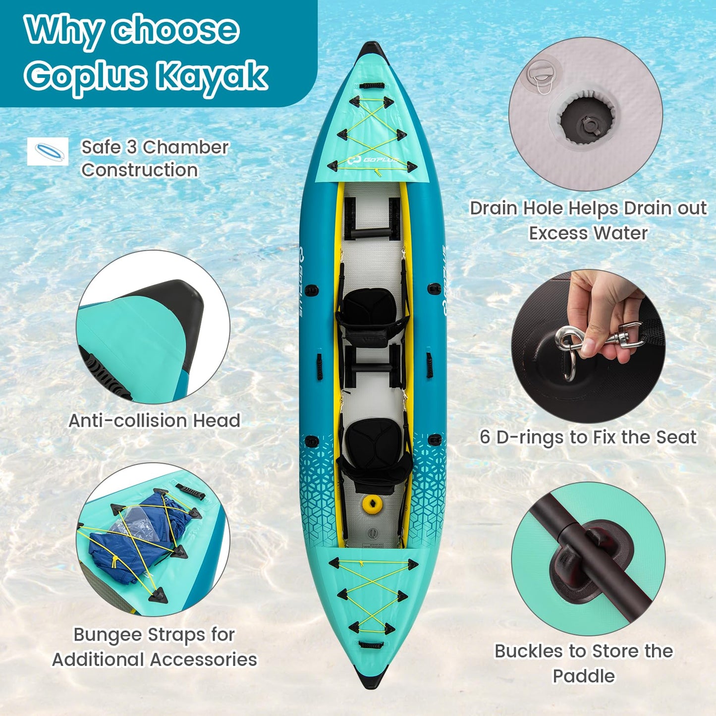 Goplus Inflatable Kayak, 2-Person Kayak Set for Adults with 507 LBS Weight Capacity, 2 Aluminium Oars, EVA Padded Seat, 2 Fins, Hand Pump, Carry Bag, Repair Kit, Portable Touring Kayaks