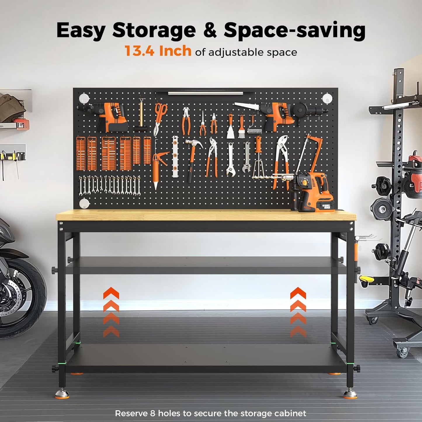 48" Heavy Duty Work Bench Adjustable Height Max Load 2000 LBS with Storage Shelf for Garage Workbench, Rubberwood Tabletop with Pegboard, LED Light, Built-in Power Strip for Woodworking Shop