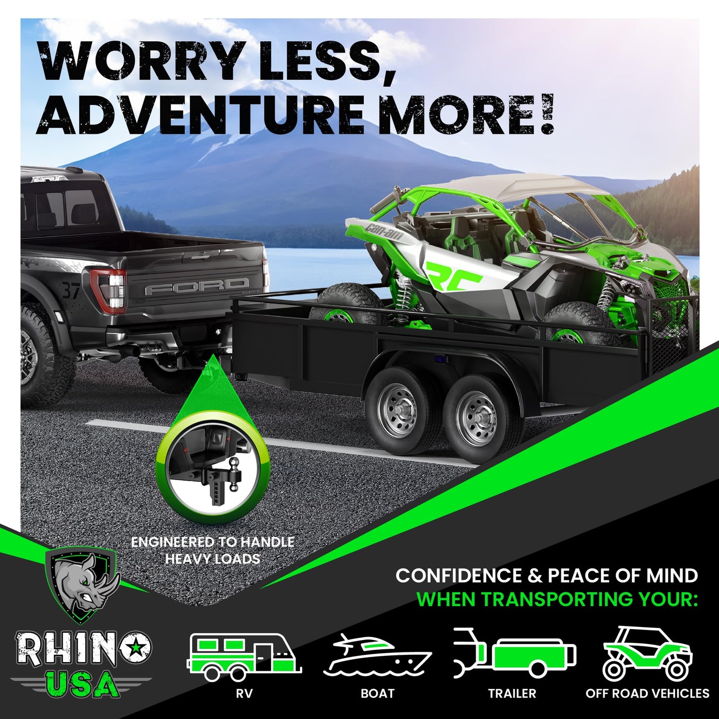 Rhino USA Adjustable Trailer Hitch (Fits 2-Inch Receiver) - Heavy Duty Aluminum Tow Hitches with 6-Inch Drop/Rise for Truck (12,500 LBS GTW) - Weatherproof Double Anti-Theft Locking Hitch Pins (Black)