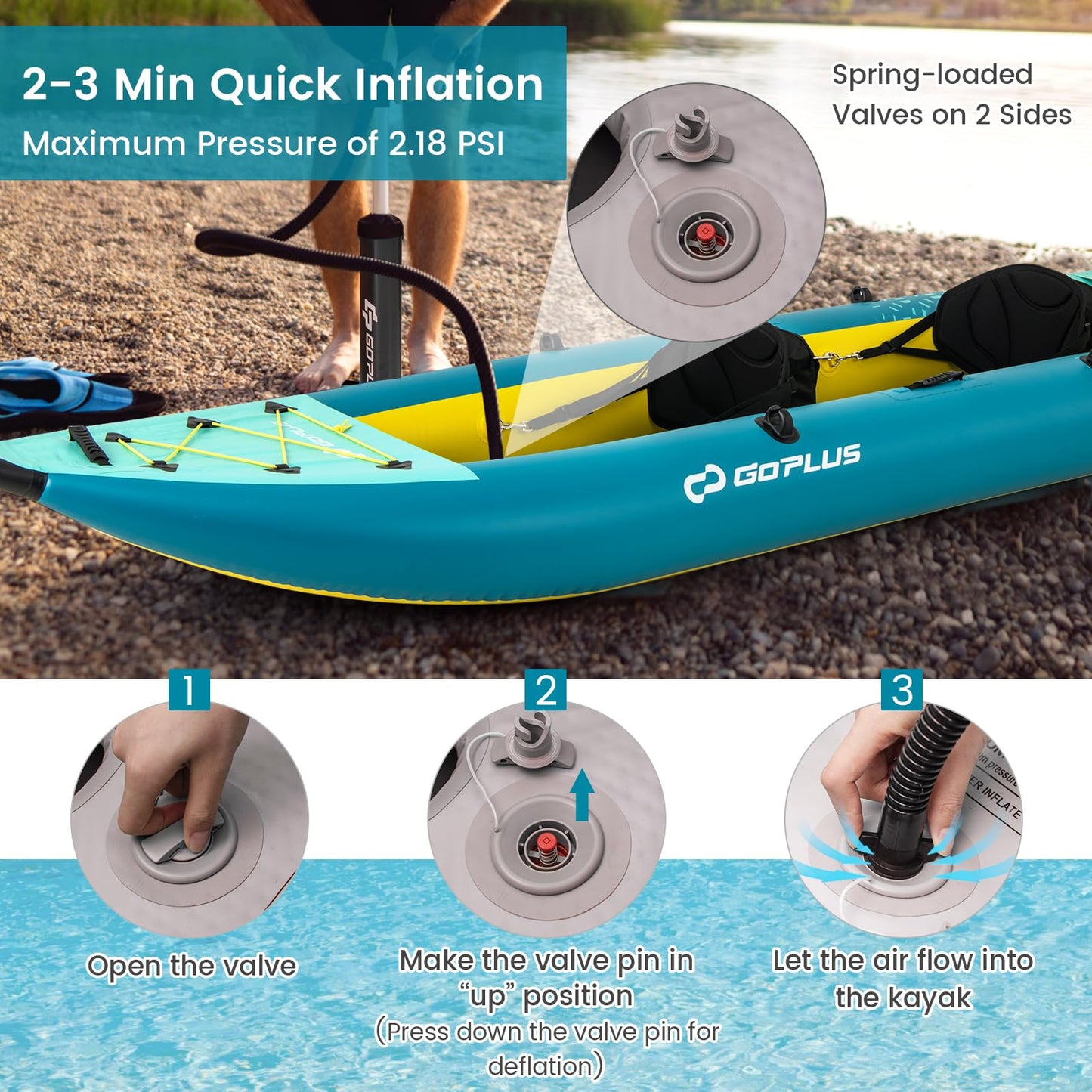 Goplus Inflatable Kayak, 2-Person Kayak Set for Adults with 507 LBS Weight Capacity, 2 Aluminium Oars, EVA Padded Seat, 2 Fins, Hand Pump, Carry Bag, Repair Kit, Portable Touring Kayaks