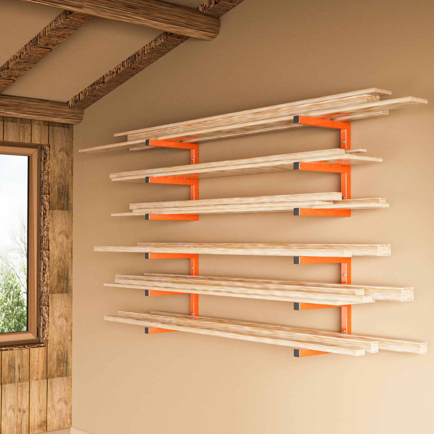 YYR Wood Organizer and Lumber Storage Rack Wall Mount, Heavy Duty Metal Shelf with 6-Level Holds Up 1200 LBS, Indoor & Outdoor Use - Orange