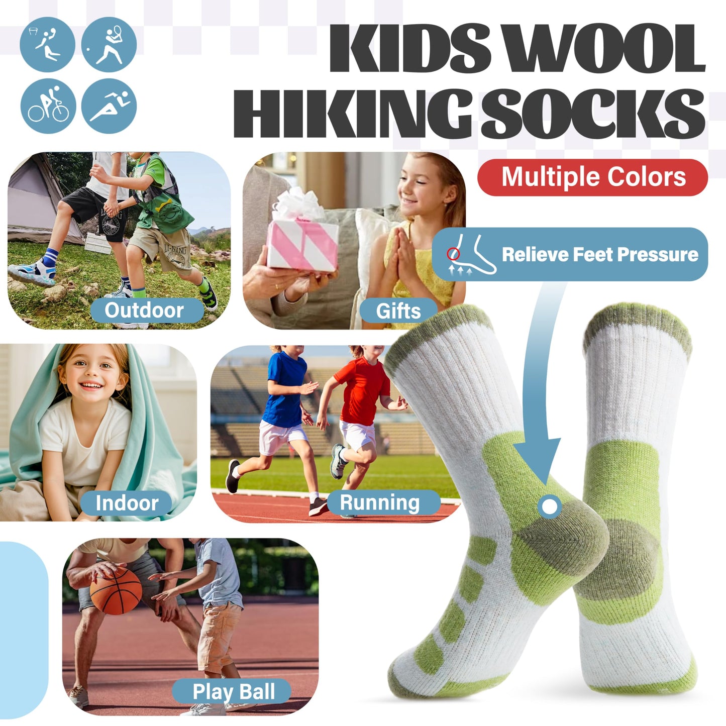 Anlisim Kids Merino Wool Hiking Socks Boys Girls Toddlers Thermal Winter Warm Boot Thick Cushion Gift Socks 6 Pairs