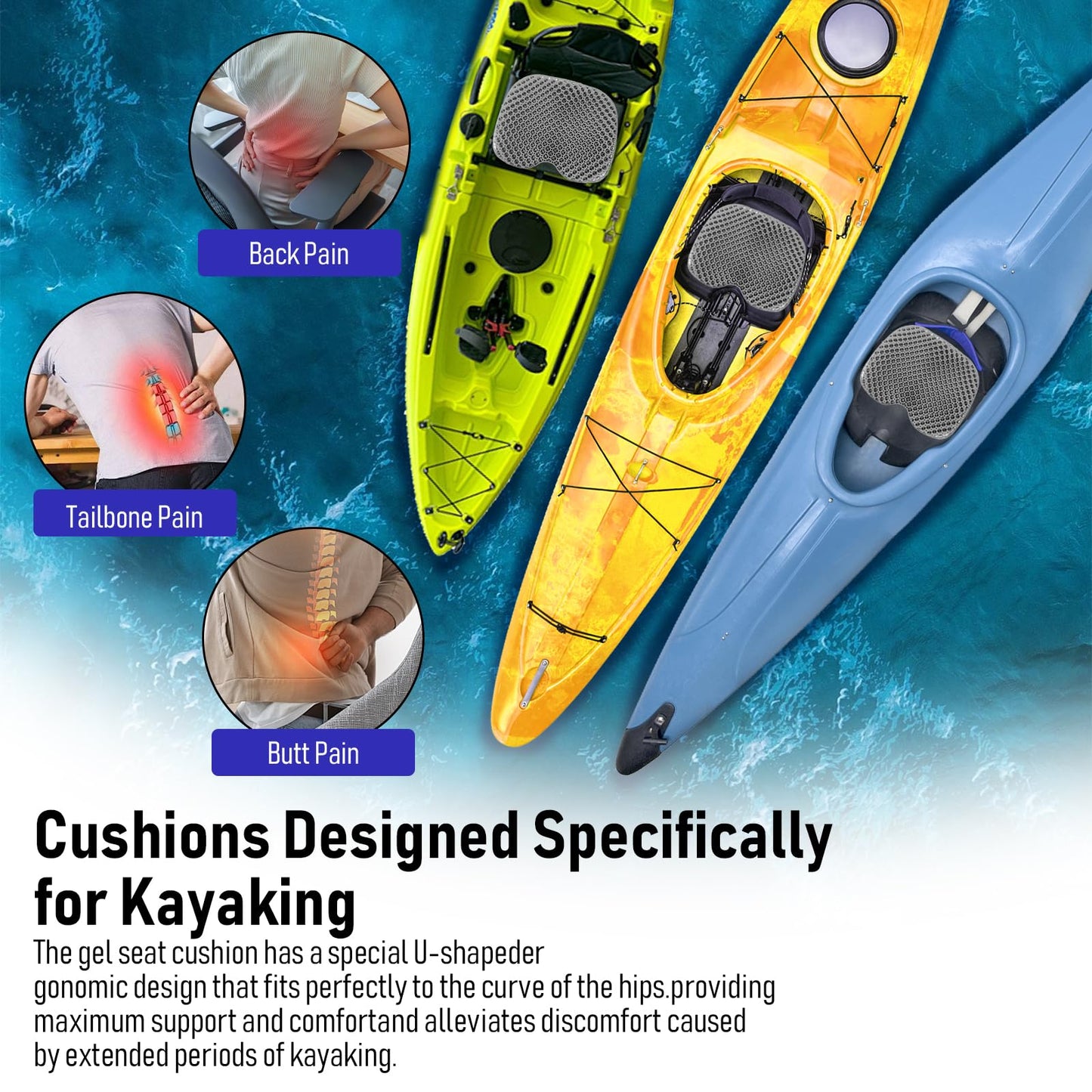 Kayak Seat Cushion, Thicken Anti Slip Waterproof Gel Kayak Seat, Portable Canoe Rowing Rubber Dinghy Pad for Stadium Sit in Kayak Inflatable Fishing Kayak Canoe Kayak Accessories