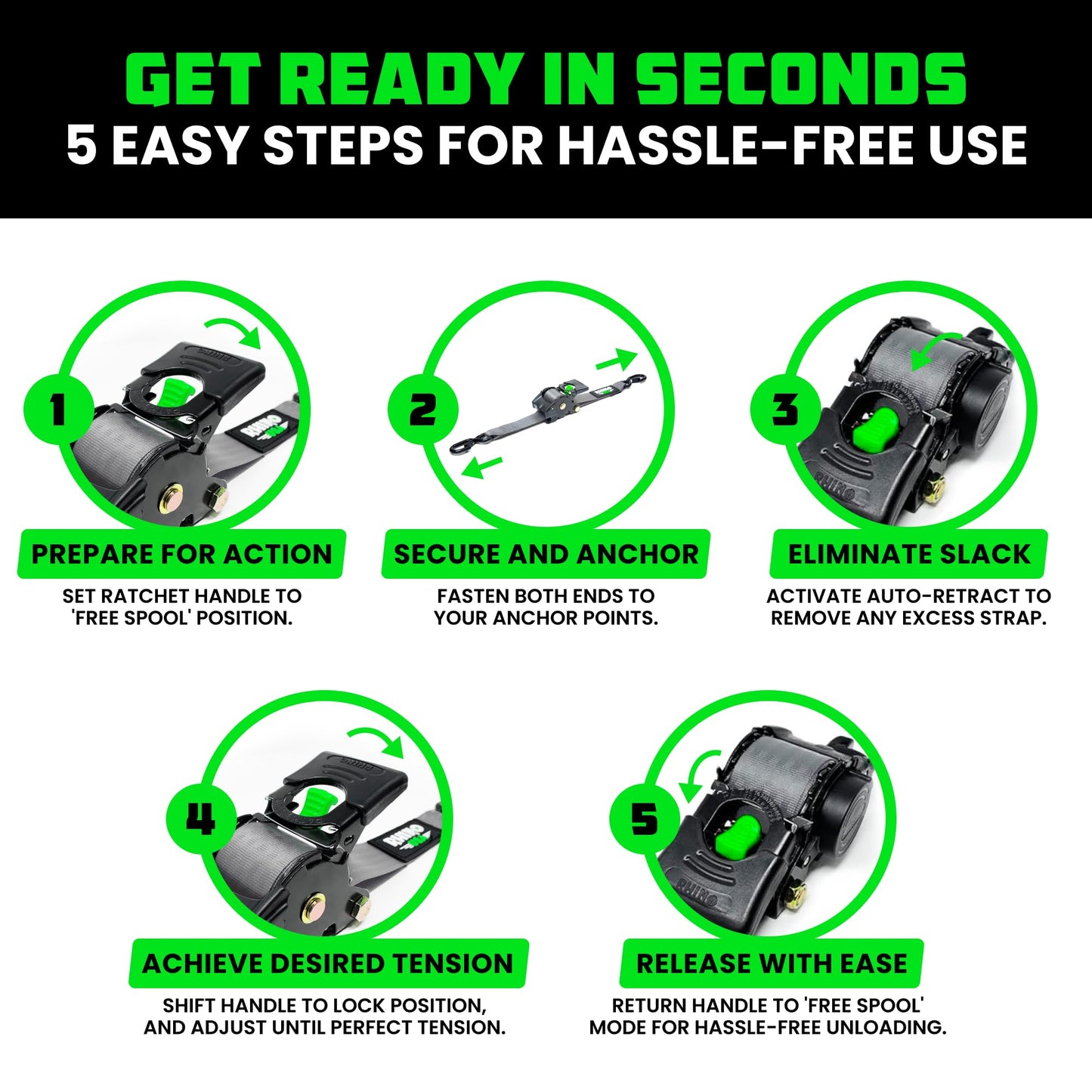 Rhino USA Retractable Ratchet Straps (4-Pack) - 1 Inch x 10 Feet (1,209lb Break Strength) - Heavy Duty Auto Self Retracting Tie Down Straps for Truck, Cargo Trailer, Motorcycle, Rad & More - Black