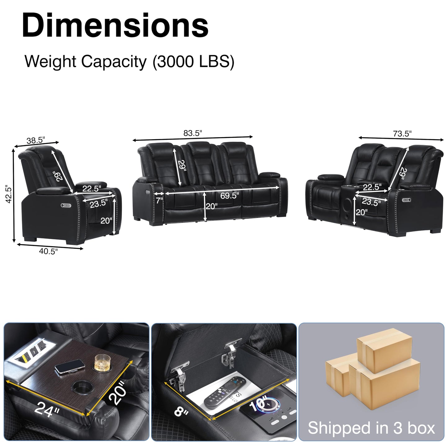 THSUPER Power Black Leather Recliner Sofa for Living Room Furniture Sets with Arm Storage and Power Headrest, Leather Living Room Reclining Couch Set with Wireless Charge and Bluetooth Speaker.
