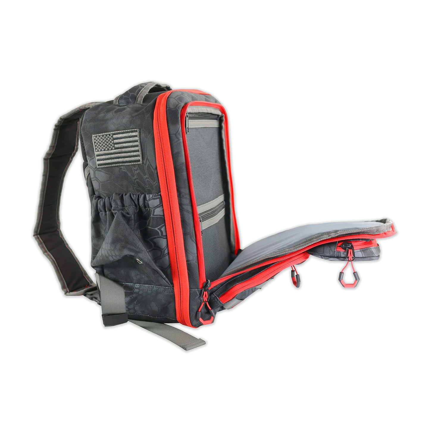 EGO Kryptek Tactical Tackle Box Backpack, Durable Fishing Tool Bag, 1000D Nylon Fabric with PVC Back, Water-Resistant, Multiple Storage Pockets, Laser-Cut Molle Loops, Includes 4 Tackle Trays