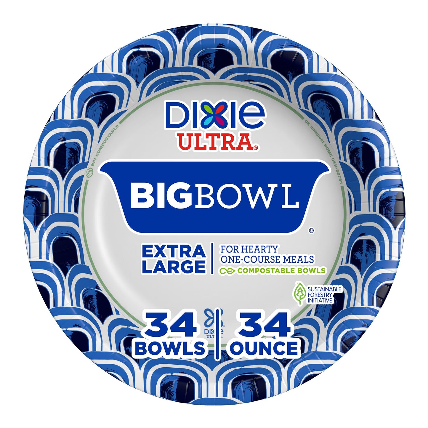 Dixie Ultra Extra Large Paper Bowls, 34 oz, 34 Count, Compostable, Microwave Safe, Disposable Bowls for Heavy Meals, Soups, Stews, and Everyday Use