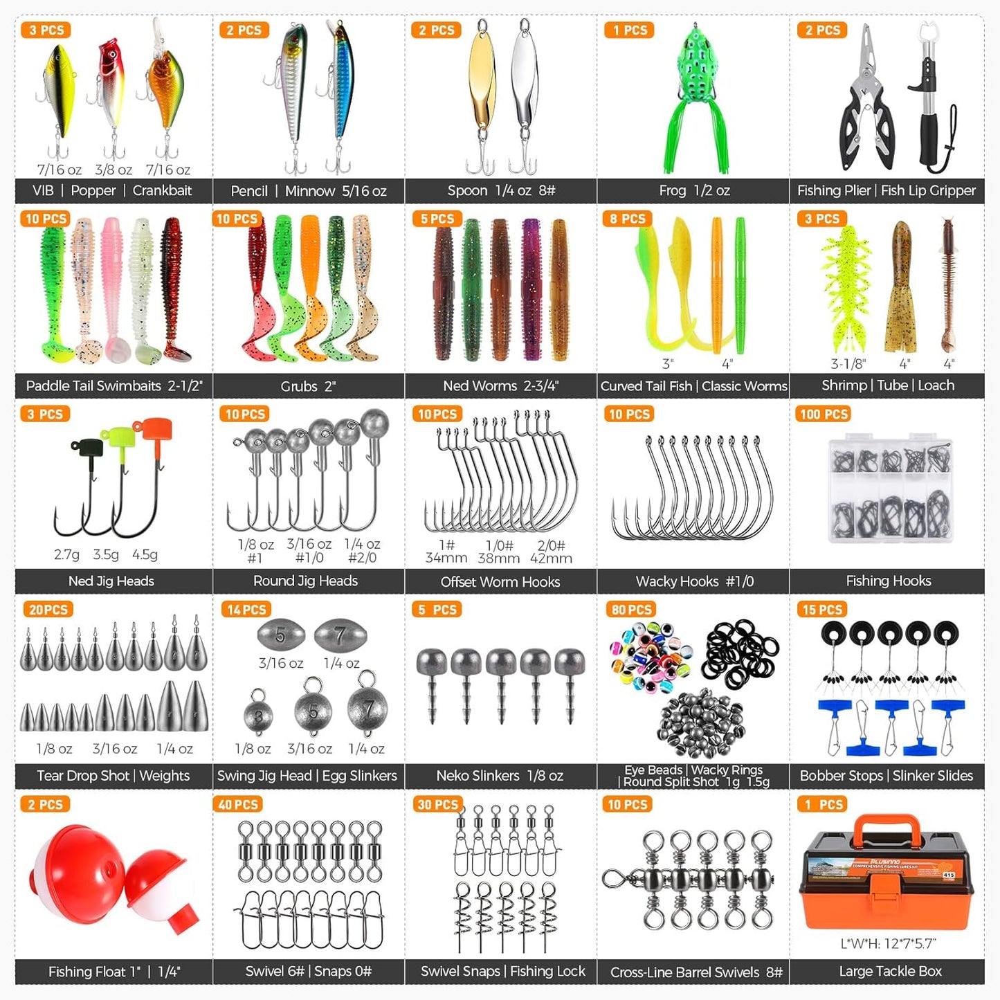 PLUSINNO Large 3 Layers Tackle Box with Tackle Included, 415Pcs Fishing Lures Kit Contains Pliers, Crankbait, Hooks, Weights & Accessories, Comprehensive Bait Lure Gear Gifts for Men Bass Freshwater