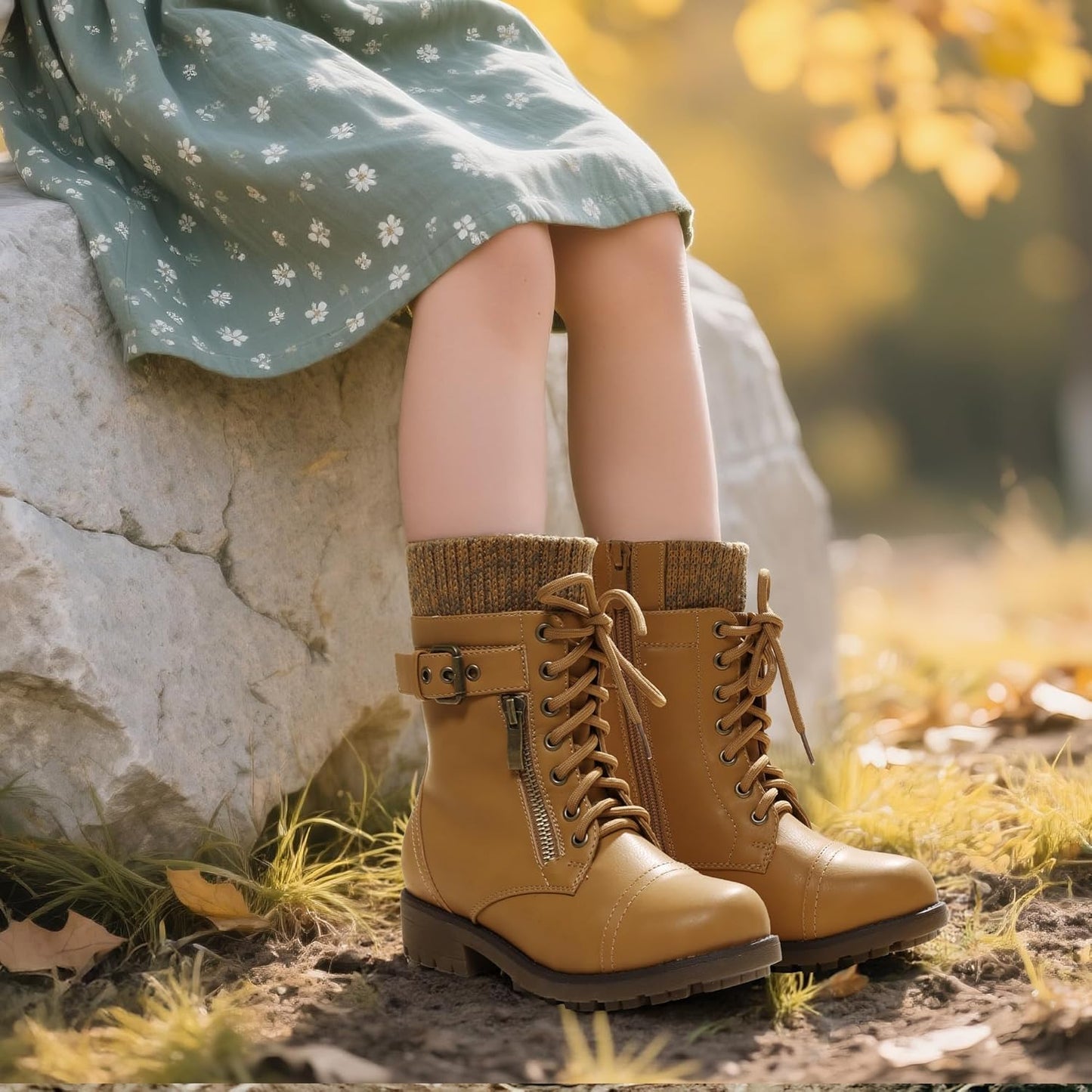 DREAM PAIRS Girl's Mid Calf Combat Ankle Lace up Boots