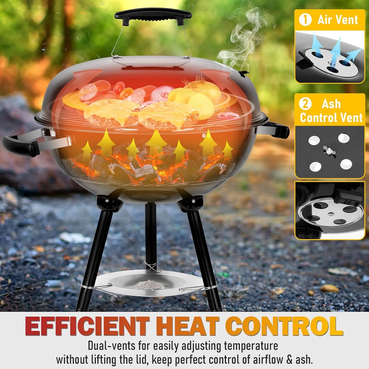 Joyfair Kettle Charcoal Grill (18 Inch), Outdoor Barbecue Grill for Camping/Backyard/Tabletop Grilling, Portable Round Smoker with Wheels, Enameled Lid & Fire Bowl, Dual Venting System, Black