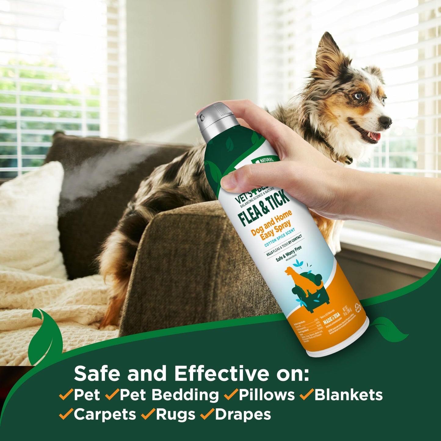 Vet's Best Flea and Tick Home Spray - Dog Flea and Tick Treatment for Home - Plant-Based Formula - Certified Natural Oils,Green - 32 oz