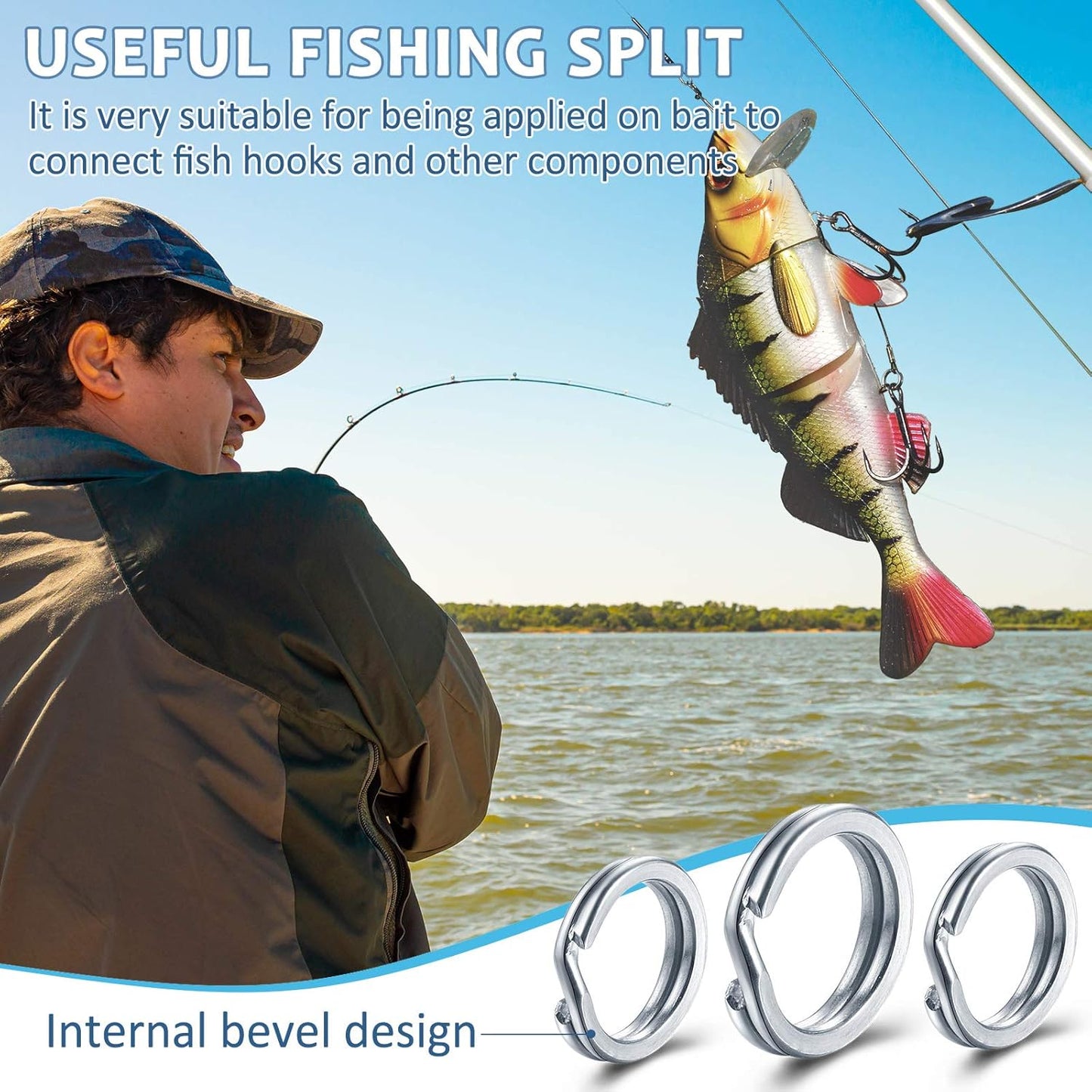 Skylety Fishing Tackle Tools 200 Pieces Split Fishing Rings with Plastic Box, 100 Pieces Treble Hooks Kit with Plastic Box, 1 Piece Lure Tackle Connector Fishing Plier and 1 Piece Fishing Lanyard