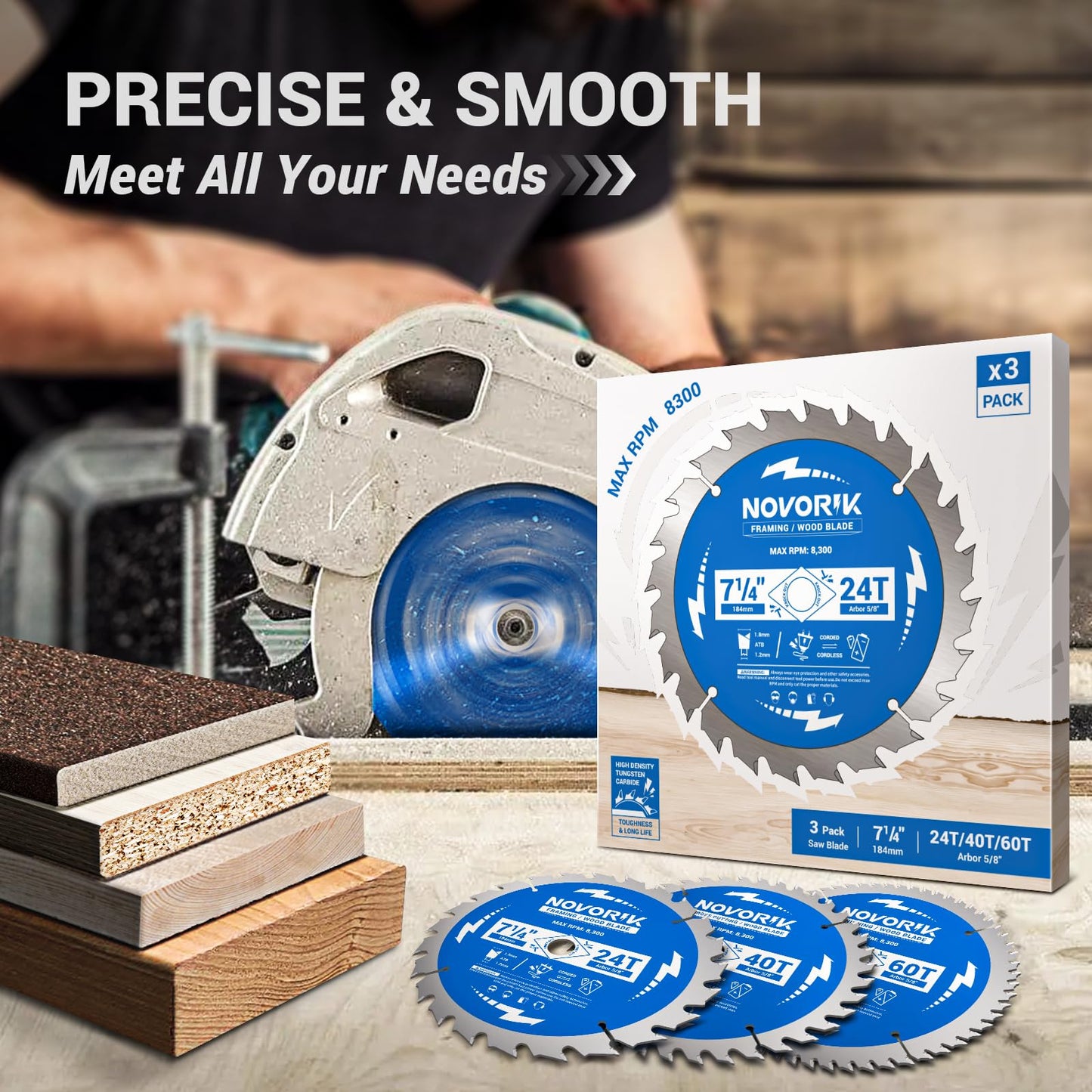 Circular Saw Blade 7-1/4" 24T&40T&60T, Saw Blade with Arbor 5/8", ATB Circular Saw Blade, Professional for Wood Cutting, 3-Pack