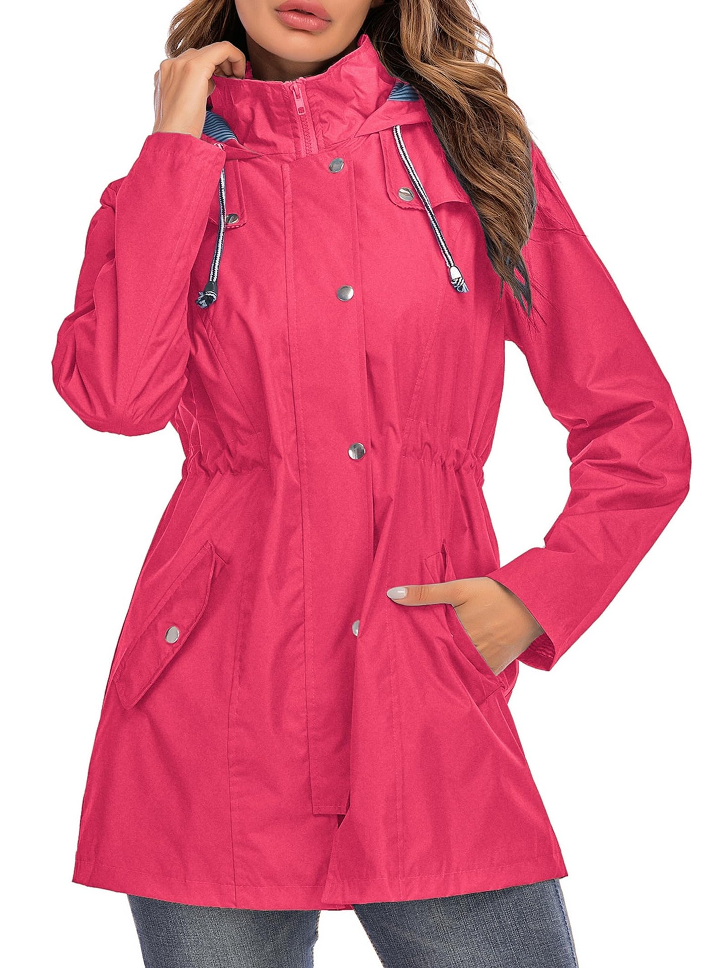 Rain Jacket Women Striped Lined Hooded Lightweight Raincoat Outdoor Waterproof Windbreaker