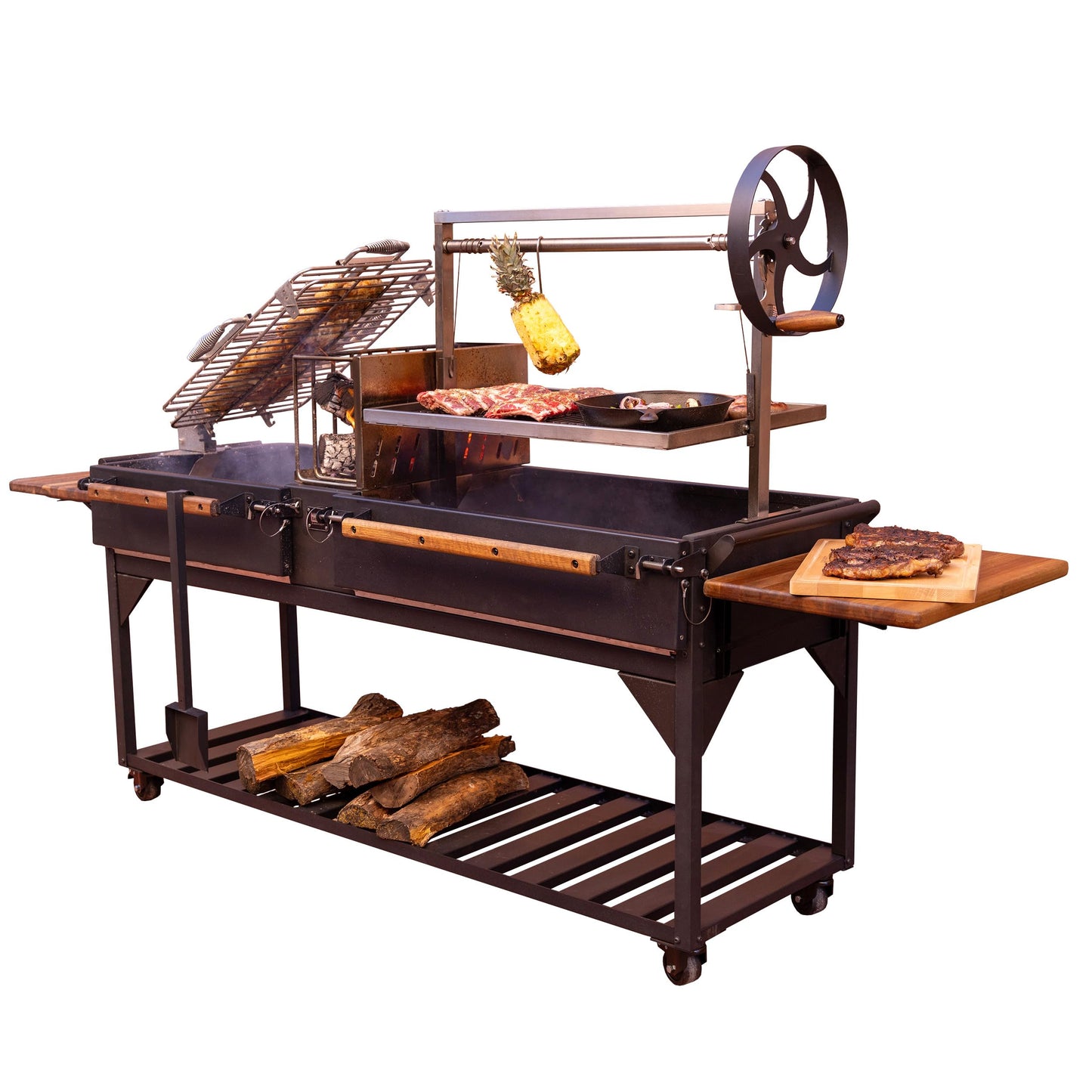 Backyard Discovery Argentine Santa Maria Wood Fire & Charcoal BBQ Grill with Brasero, Adjustable Grill Grates, Fire Bricks, Heavy-Duty Steel, S-Hooks, Acacia Wood Table for Outdoor Gaucho Grilling