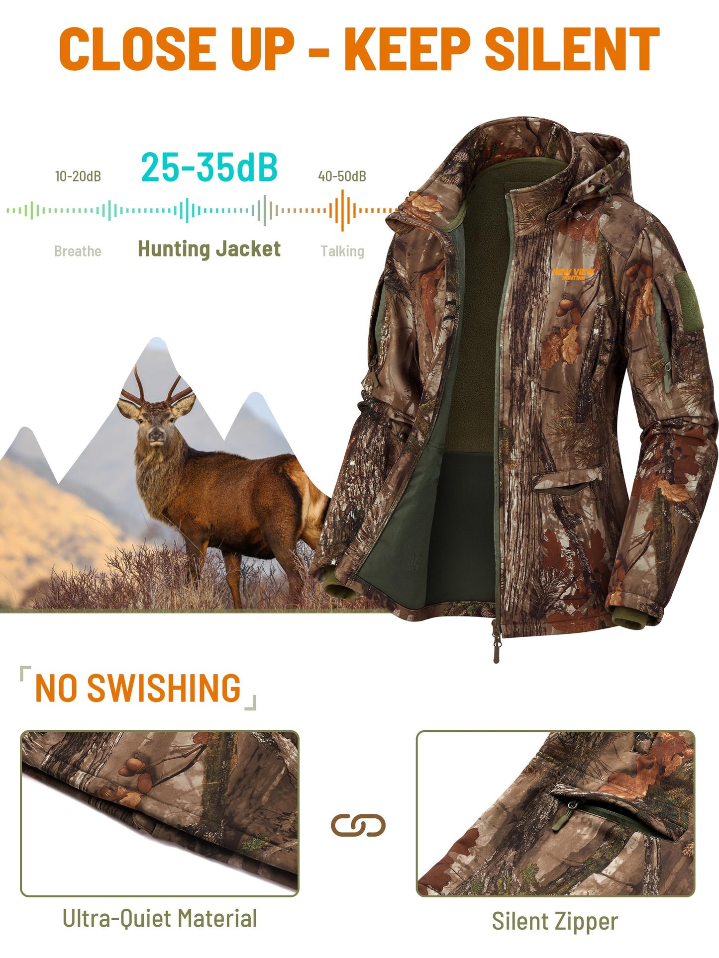NEW VIEW Womens Hunting Clothes, Upgraded Ultra-Quiet Water Resistant Camo Hunting Jacket for Duck Waterfowl Deer Hunting