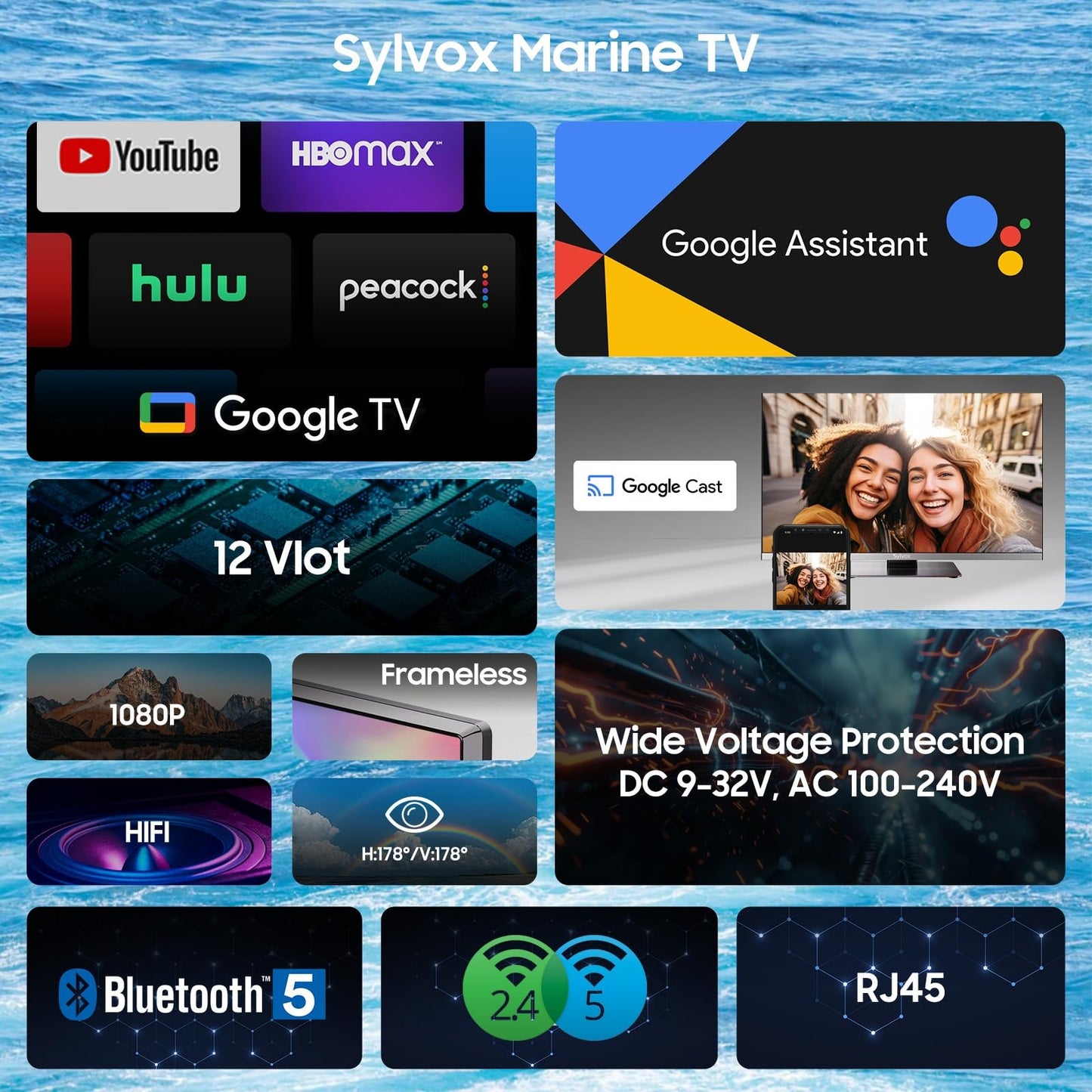 SYLVOX 12 Volt TV, 22" Smart Television with DVD Player Built in, 1080P Google OS ATSC NTSC WiFi Bluetooth HDMI USB, AC/DC Powered, 12V TV for RV Camper Boat Coastal Home (Marine Series)