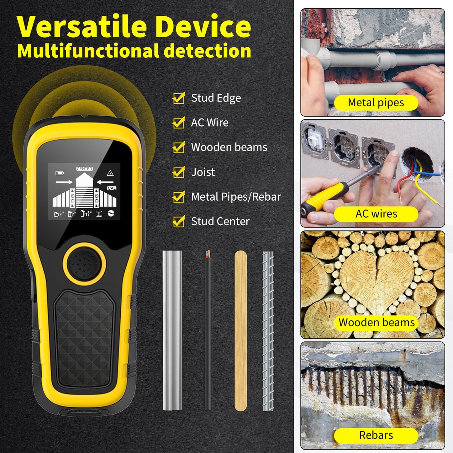 Stud Finder Wall Scanner, Advanced 5-in-1 Detector for Wood, Metal, Joists, Pipes, and AC Wires, New version Intelligent Chip, High-Definition LCD Display Screen & Audible Alarm (Light-Yellow)