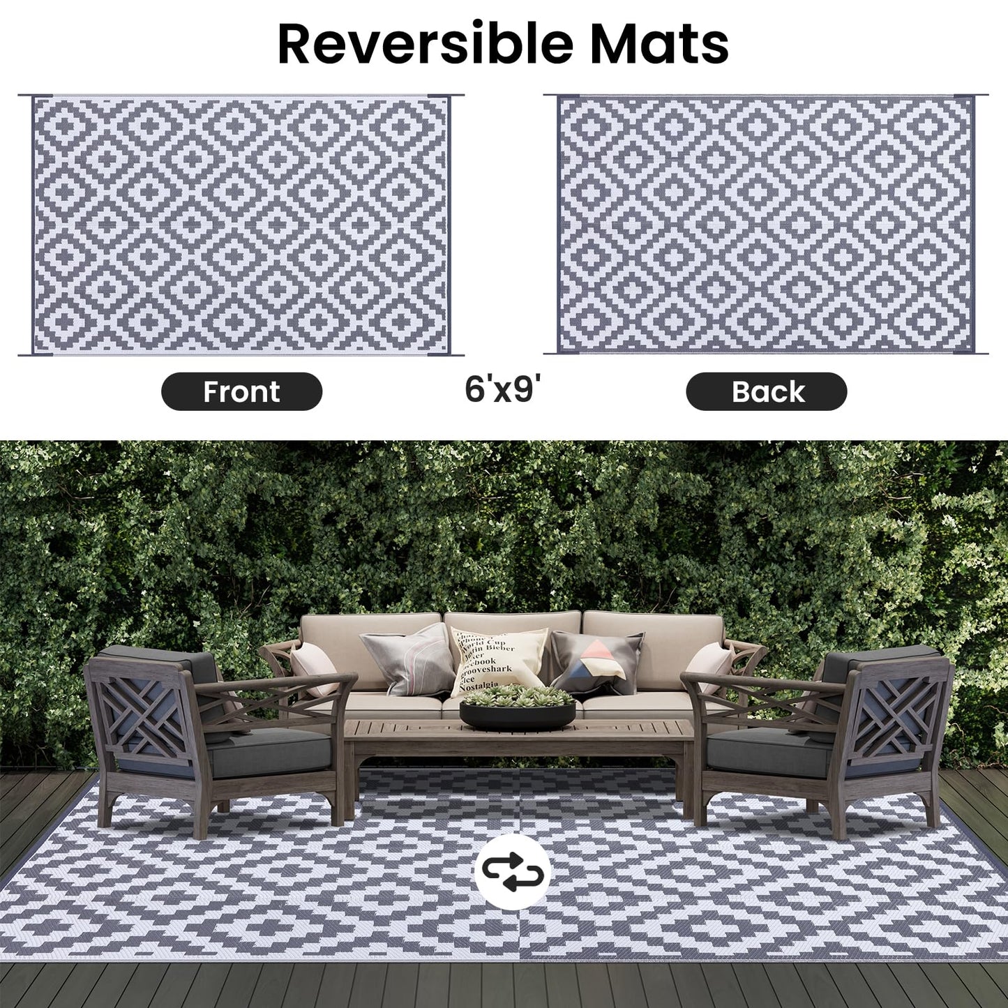 Smiry Waterproof Outdoor Rug 5x8 ft, Reversible Plastic Straw Patio Camping Rugs, Outdoor Indoor RV Mat Carpet for Patio, Outside Entry, Backyard, Deck, Bench, Picnic, Camper, Black & Beige