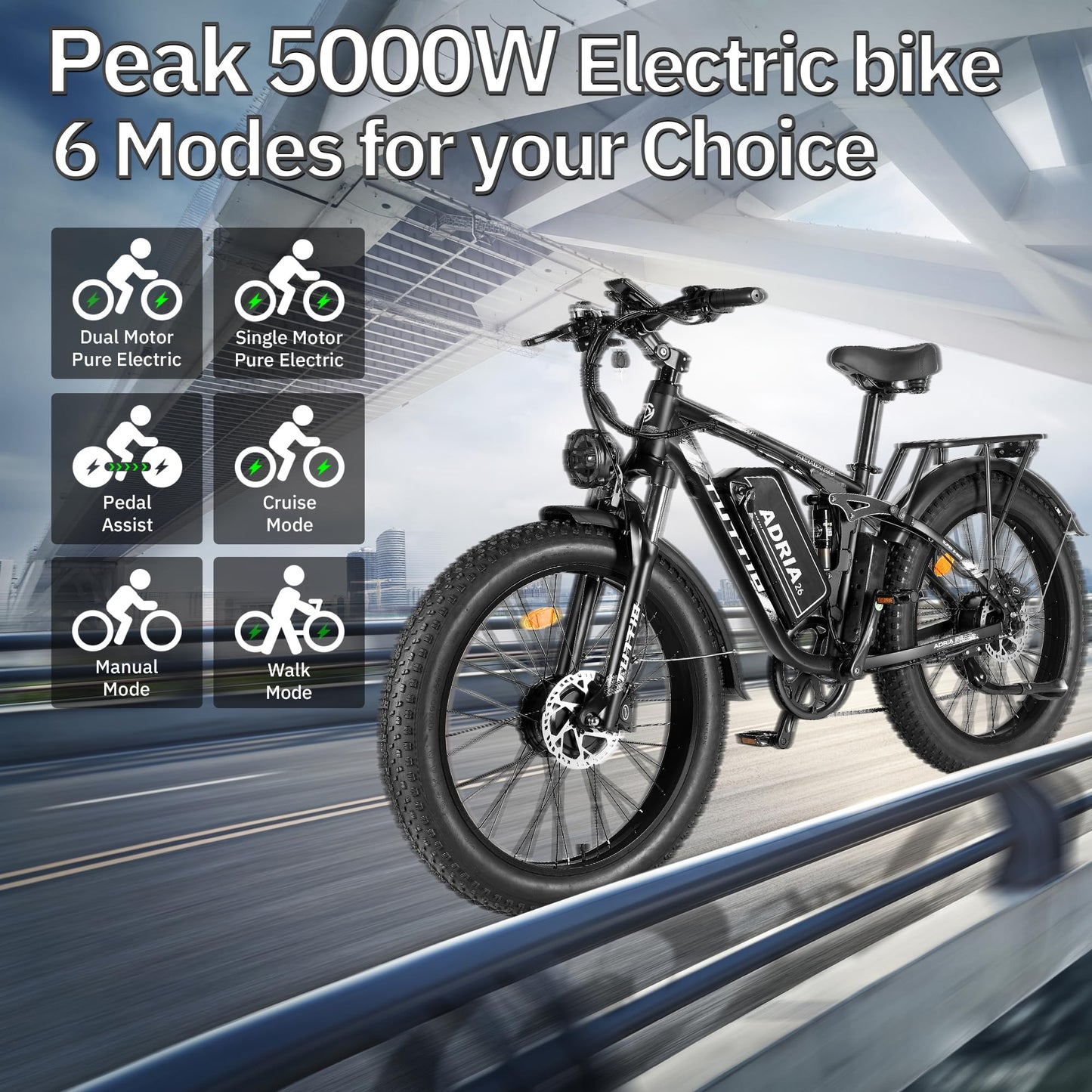 Peak 5000W-Electric-Bike for Adults-Men, Dual-Motor-Ebike 40-46MPH-Hunting-Ebike, 52V 30AH Long Range Dirtbike, 26" Fat-Tire-Electric-Bicycle, Full Suspension Mountain Bike for Off-Road Snow Sand