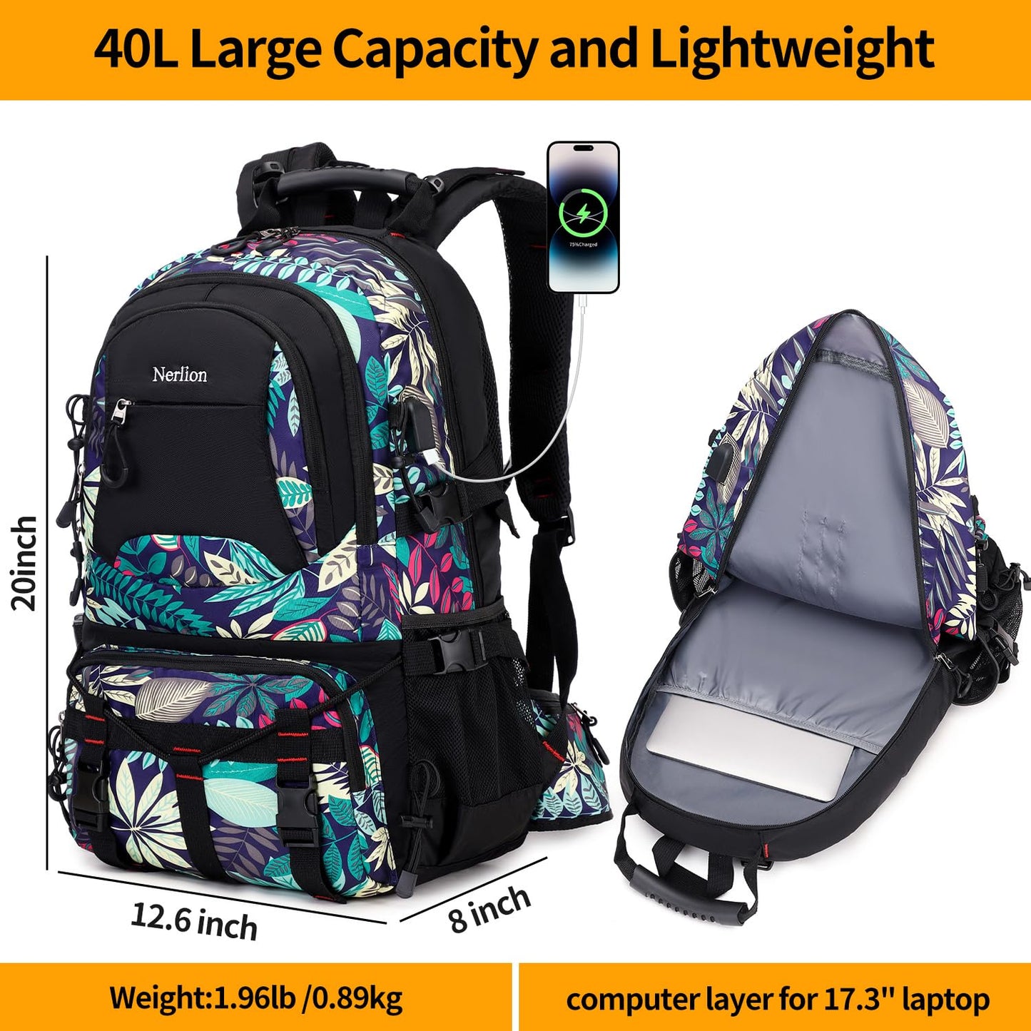 Nerlion 40L Hiking Backpack Travel Backpack for Men Women Camping Waterproof Outdoor Hiking Daypack Lightweight Backpack (Orange)