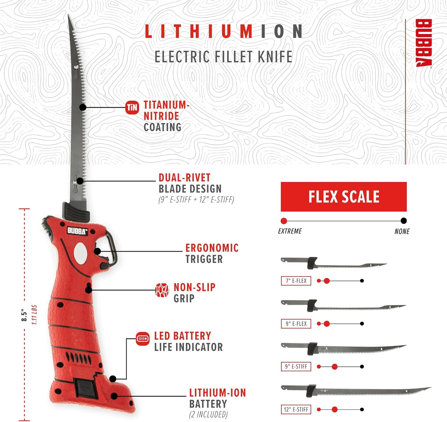 BUBBA Li-Ion Cordless Electric Fillet Knife with Non-Slip Grip Handle, 4 Ti-Nitride S.S. Coated Non-Stick Reciprocating Blades, Charger and Case for Fishing
