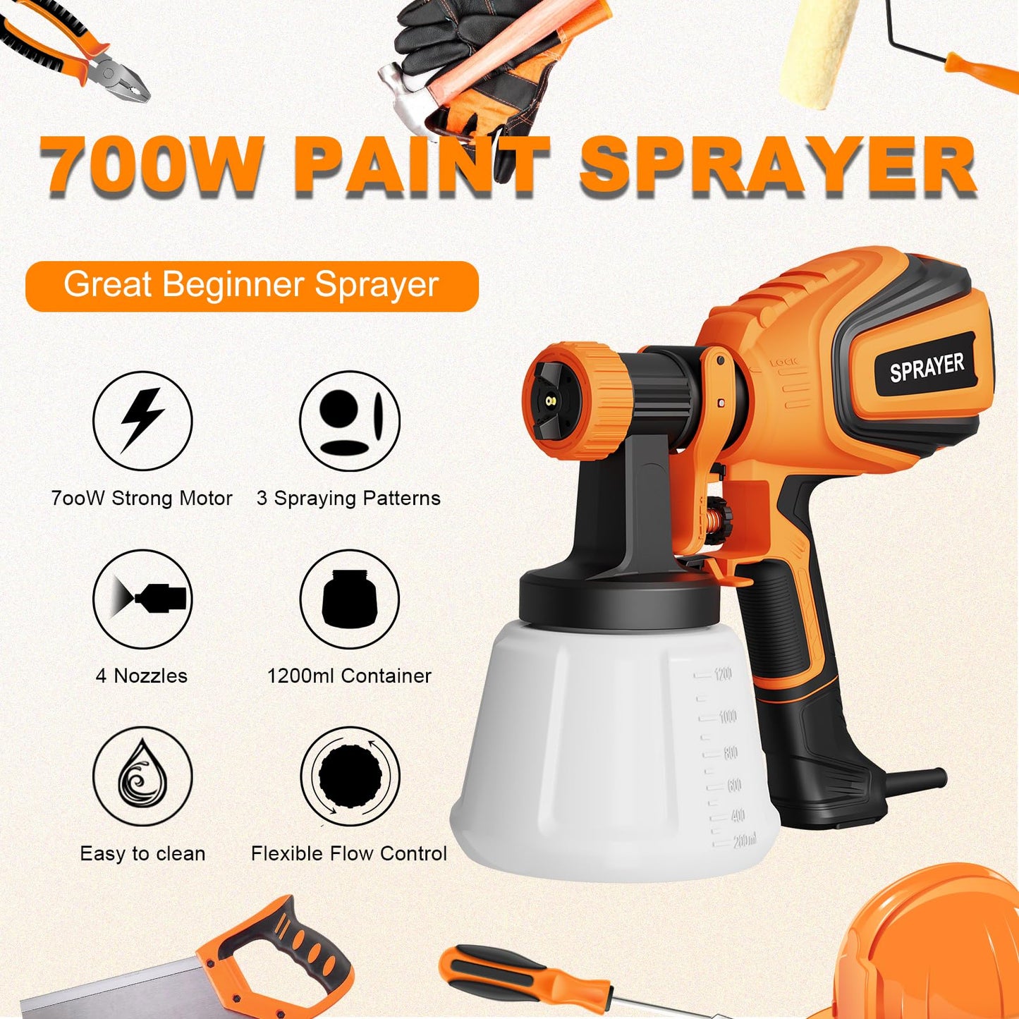 Paint Sprayer, 700W HVLP Spray Gun with Cleaning & Blowing Joints, 4 Nozzles and 3 Patterns, Easy to Clean, for Furniture, Cabinets, Fence, Walls, Door, Garden Chairs etc. VF803