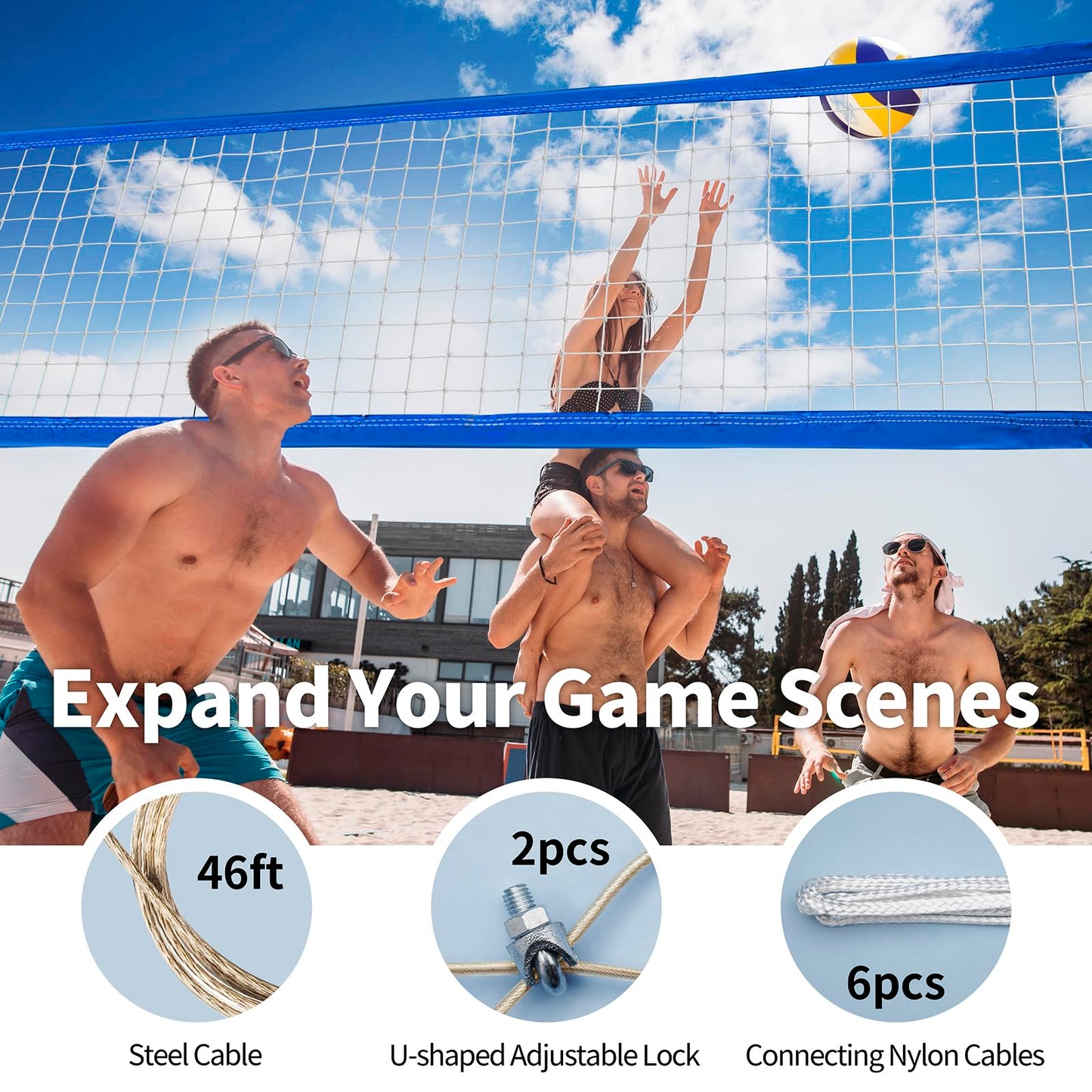 YUXUXU Professional Volleyball Net Outdoor Heavy Duty, All Weather Enhanced, Extended Stainless Steel Cable, Extra Thick Borders, for Indoor Outdoor Sports - Regulation 32x3FT, Blue (Net Only)