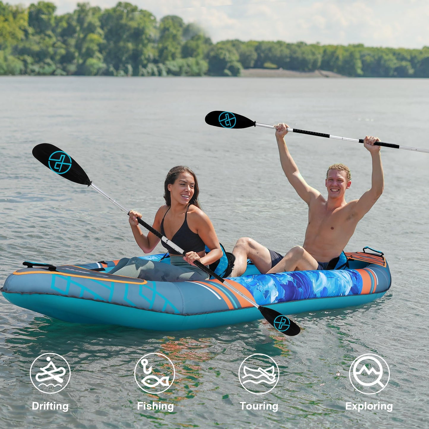 UPWELL 13'6”/11' Inflatable Recreational Kayak - 2 Person with Drop Stitch Floor and Accessories Including Kayak Seats with High Back Support, Paddle, Fin, Repair Kits, Carry Bag and Hand Pump