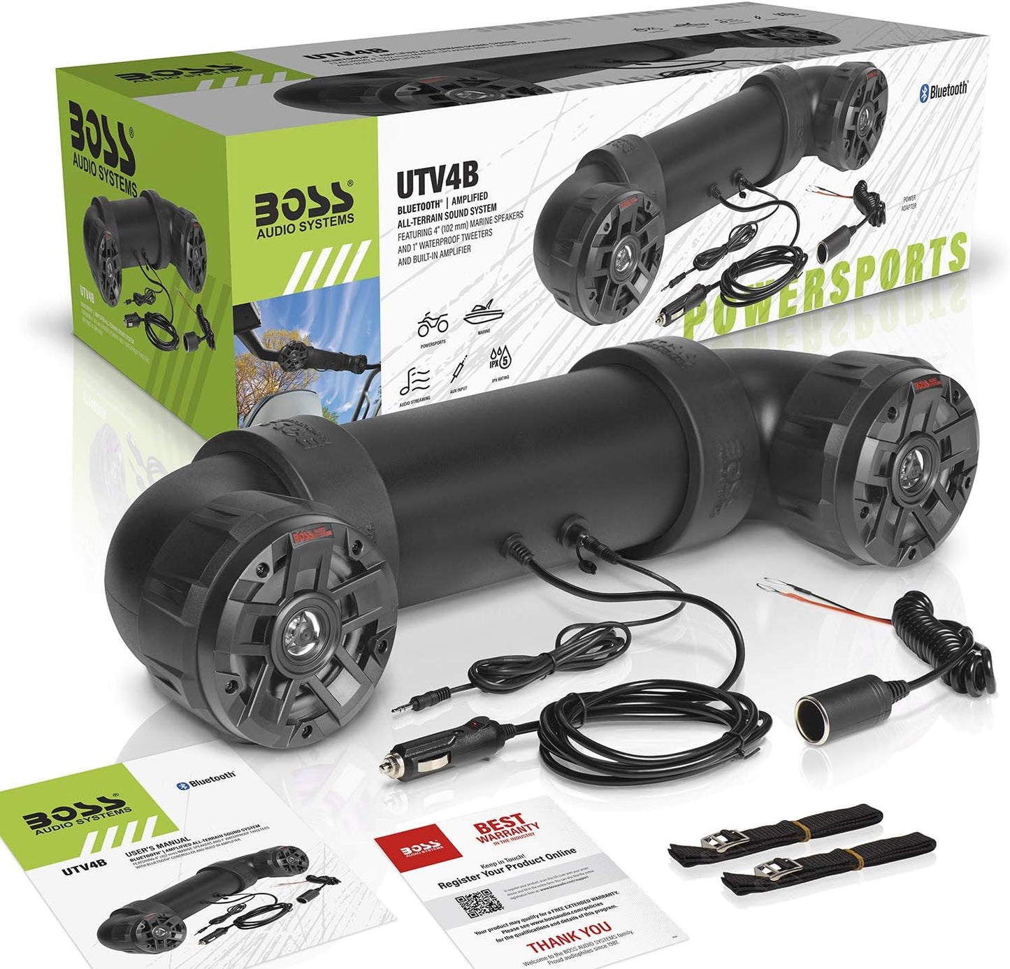 BOSS Audio Systems UTV4B ATV UTV Weatherproof Sound System - 4 Inch Speakers, 1 Inch Tweeters, Built-in Amplifier, Built-in Bluetooth, Easy Installation for 12 Volt Vehicles