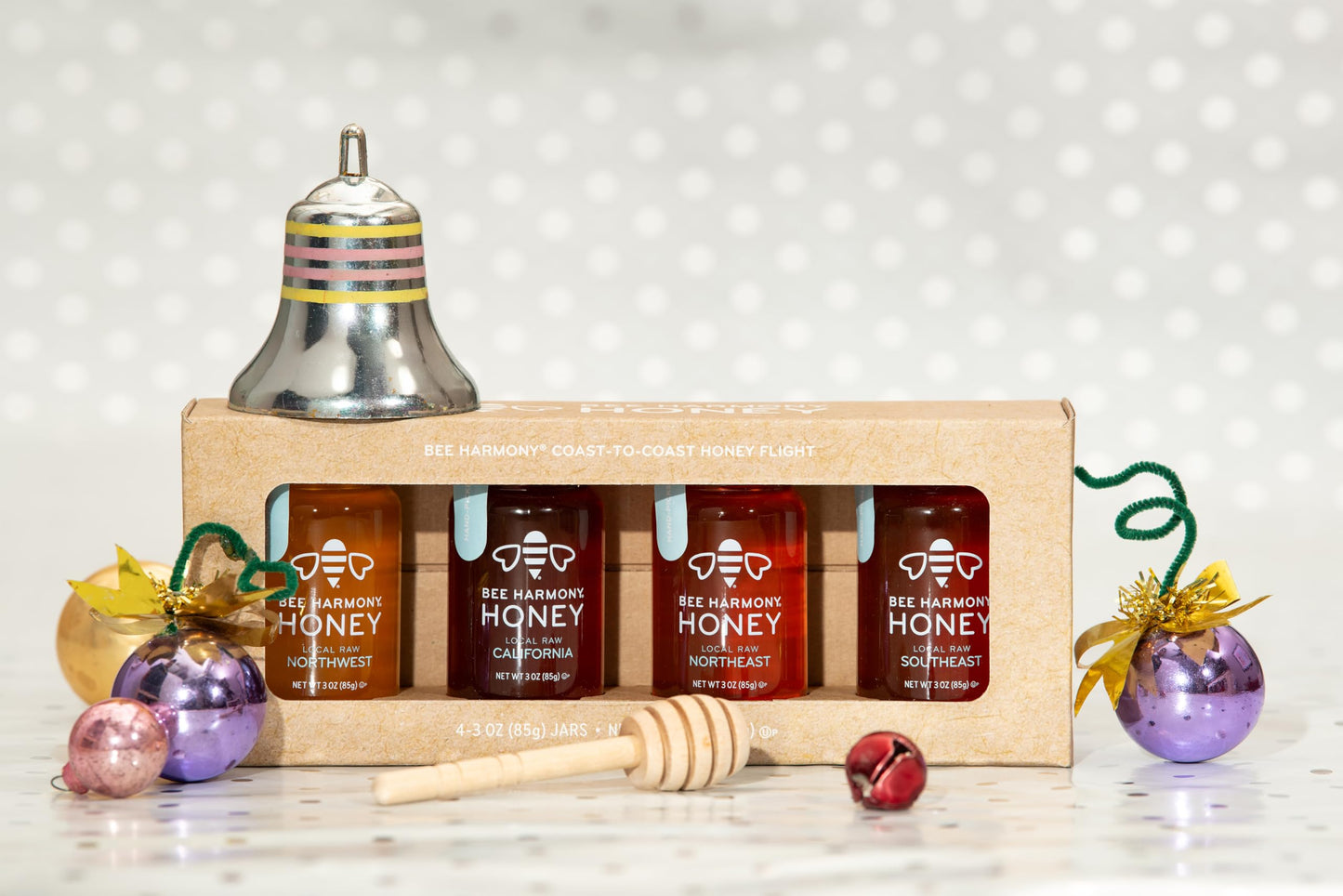 Bee Harmony Classic Honey Flight, Mini Honey Gift Set, 4 Jars, 3 OZ Each, Premium, Raw, Made in the USA