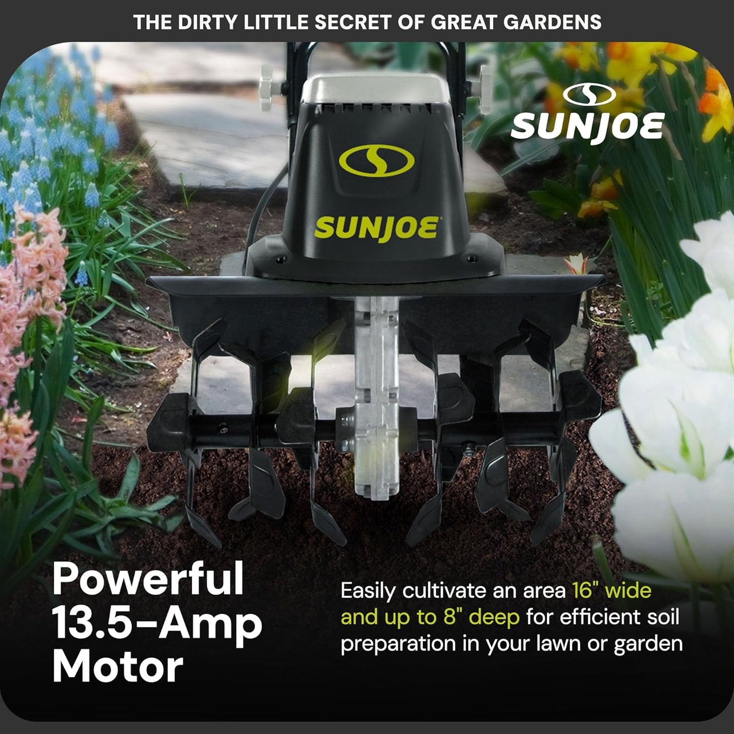 Sun Joe Electric Corded Garden Tiller & Cultivator, Steel Tines, 13.5 Amp, 16 Inch, Black - Heavy Duty Gardening Machine Equipment for Lawn, Yard, & Grass