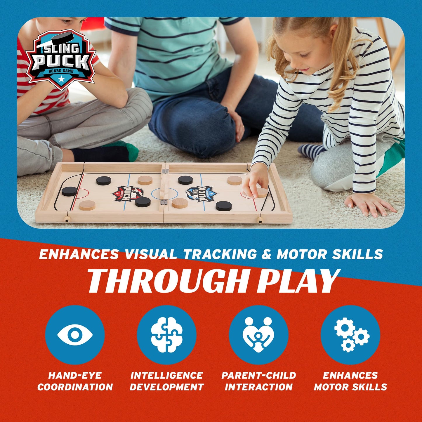 Crazy Games XL Fast Sling Puck Game | Tabletop Skittles Game I 24" Wooden Family Indoor Game for Two Players | Super Winner Sling Puck Game for Family | Hockey Games for Adults & Kids