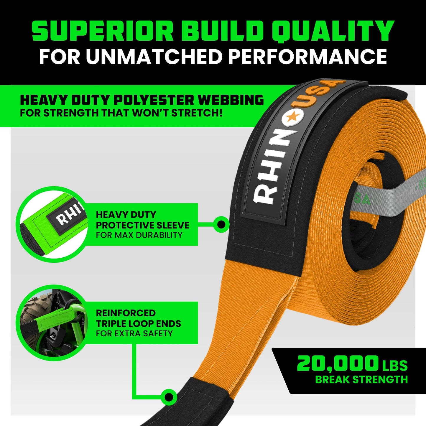 Rhino USA Recovery Tow Strap (3" x 20') - 31,518lb Break Strength - Emergency Recovery Strap Tow Rope for Truck, UTV, ATV & More - Heavy Duty Towing Strap for Offroad 4x4 Use - Compatible with Jeep