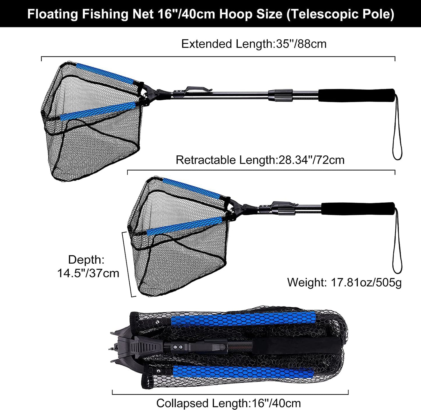 PLUSINNO Fishing Net Fish Landing Net, Foldable Collapsible Telescopic Pole Handle, Durable Nylon Material Mesh, Safe Fish Catching or Releasing