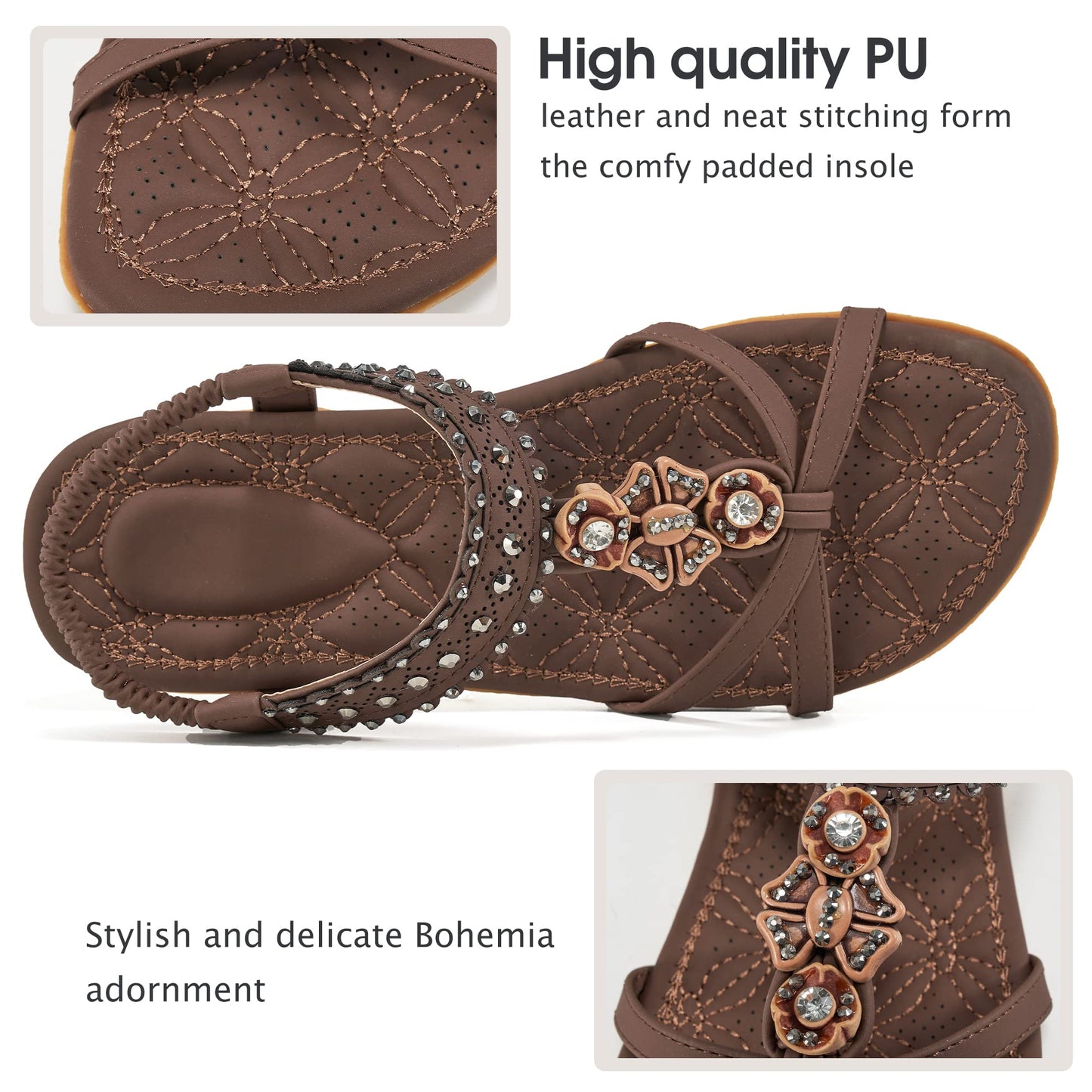 Alicegana Womens Sandals Shoes Comfort Walking with Non Slip on Casual Summer Beach Shoes Dress Ankle Elastic Jeweled Bohemian Flats