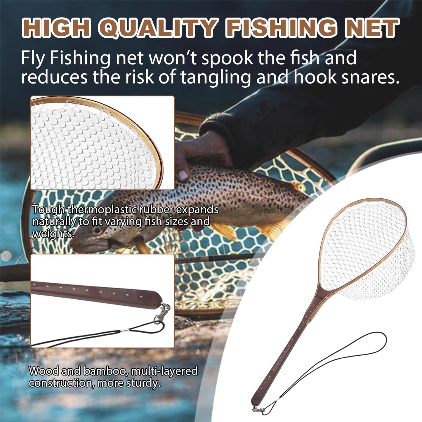 Aventik Fly Fishing Landing Net Trout Fishing Wooden with Measuring Mark Soft Rubber Net Bag Catch & Release