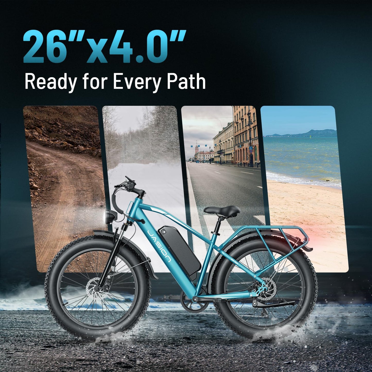 Jasion EB5 MAX Electric Bike for Adults with 1500W Peak Motor, 48V 15Ah (720Wh) Battery Electric Mountain Bike, 26'' x 4'' Fat Tire Ebike, 28+MPH Speed, Cruise Control, with Fenders, Rear Rack
