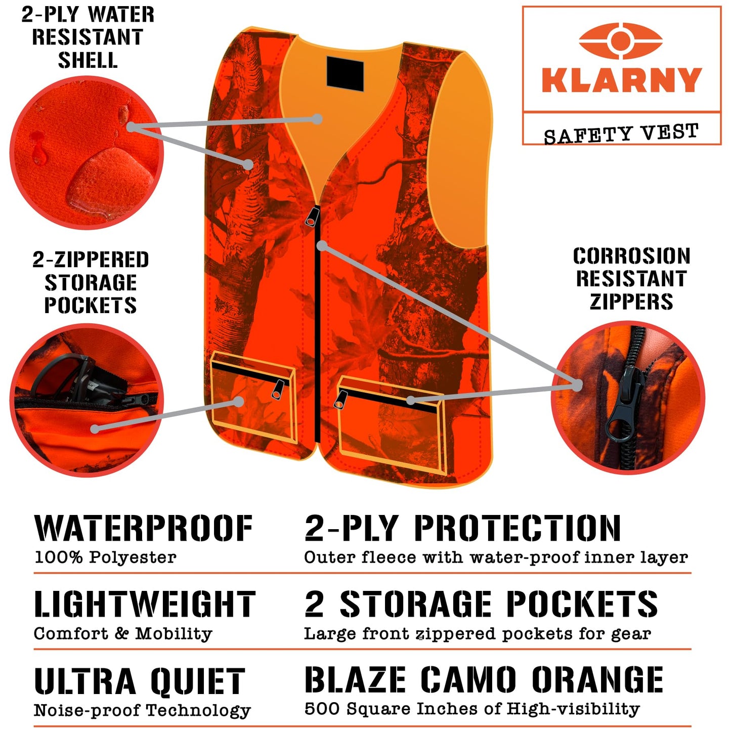 Klarny Blaze Orange Hunting Vest with Pockets, High-Visibility, Waterproof, Ultra-Quiet Deer and Bow Hunting Gear Accessories