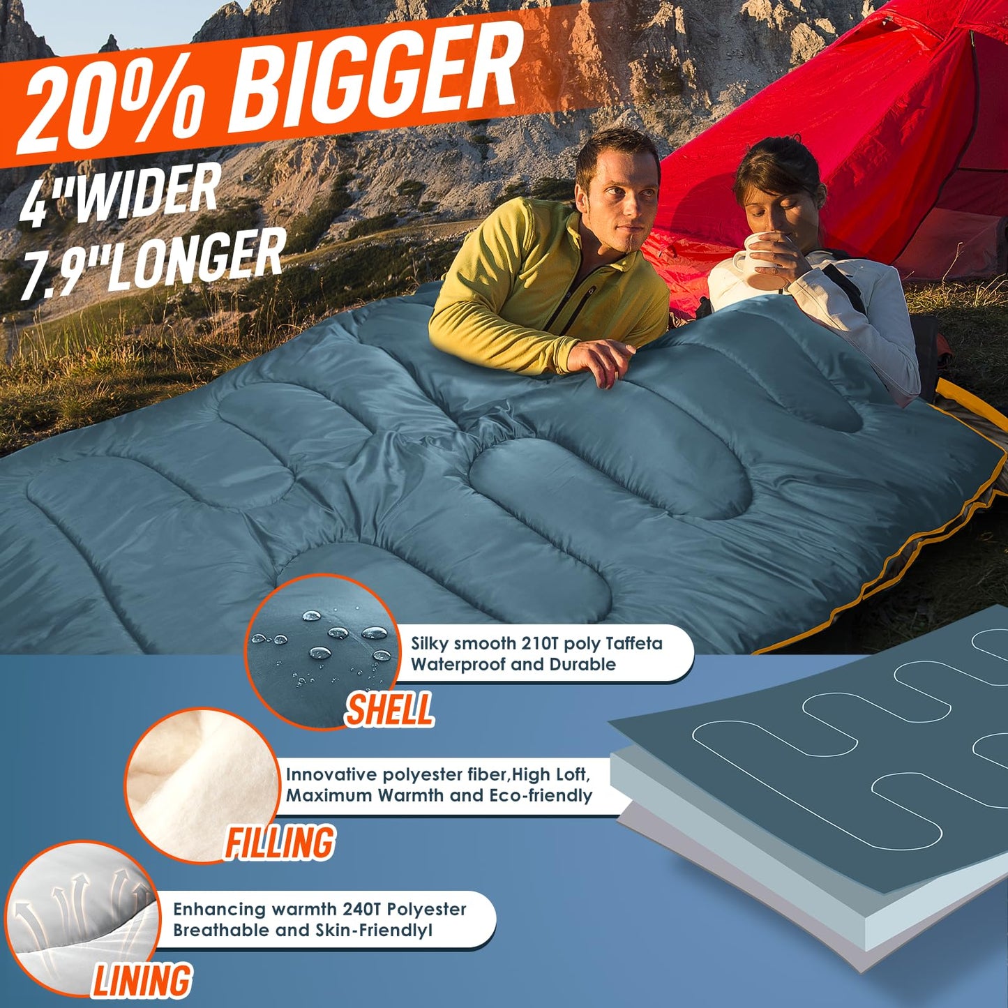 MEREZA Double Sleeping Bag for Adults Mens with Pillow, XL Queen Size Two Person Sleeping Bag for All Season Camping Hiking Backpacking 2 Person Sleeping Bags for Cold Weather & Warm