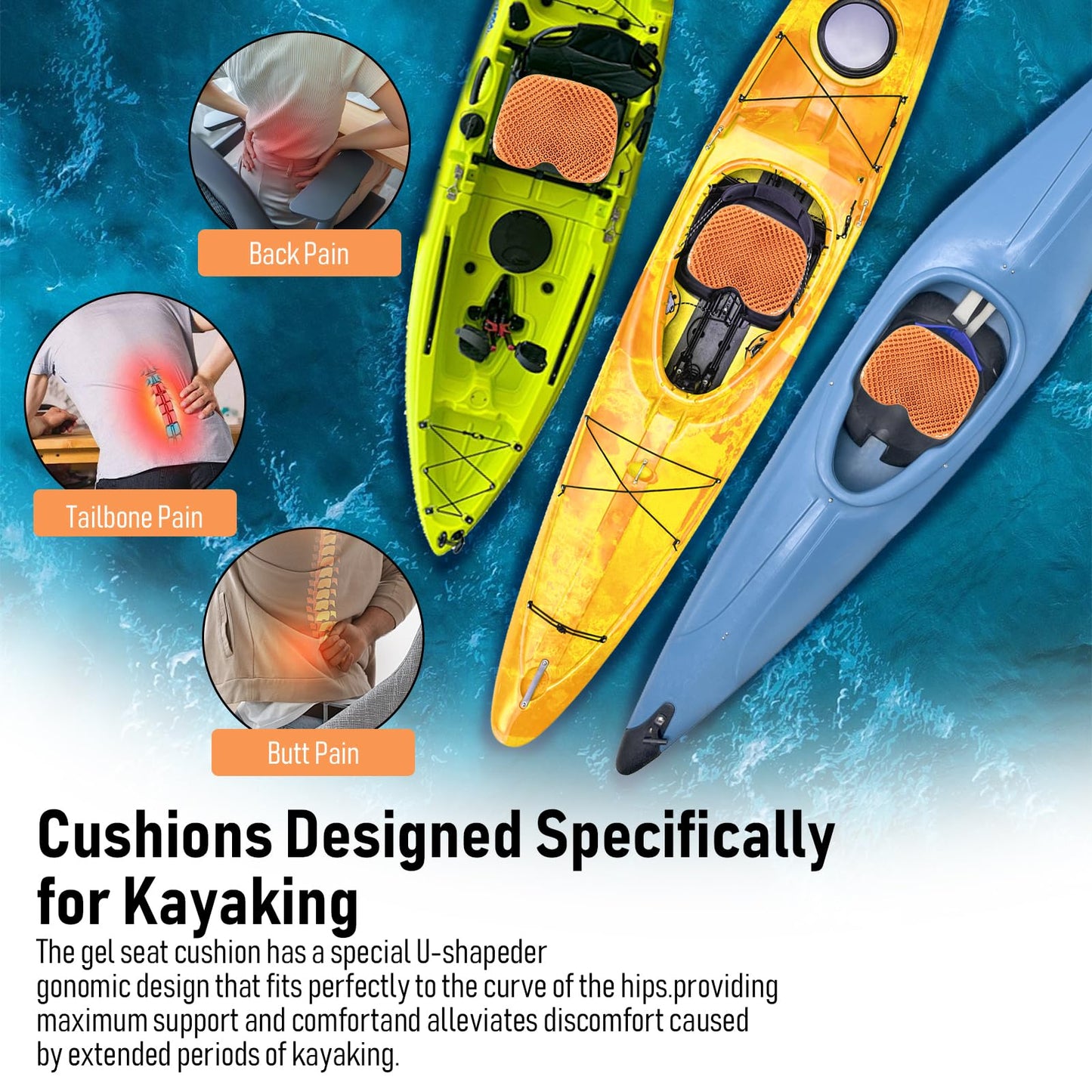 Kayak Seat Cushion, Thicken Anti Slip Waterproof Gel Kayak Seat, Portable Canoe Rowing Rubber Dinghy Pad for Stadium Sit in Kayak Inflatable Fishing Kayak Canoe Kayak Accessories