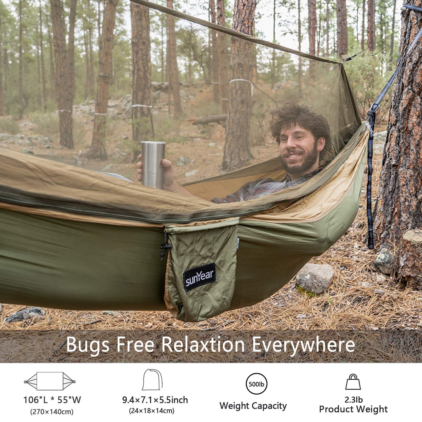 Sunyear Hammock Camping with Rain Fly Tarp and Net, Portable Camping Hammock Double Tree Hammock Outdoor Indoor Backpacking Travel & Survival, 2 Tree Straps,100% Waterproof
