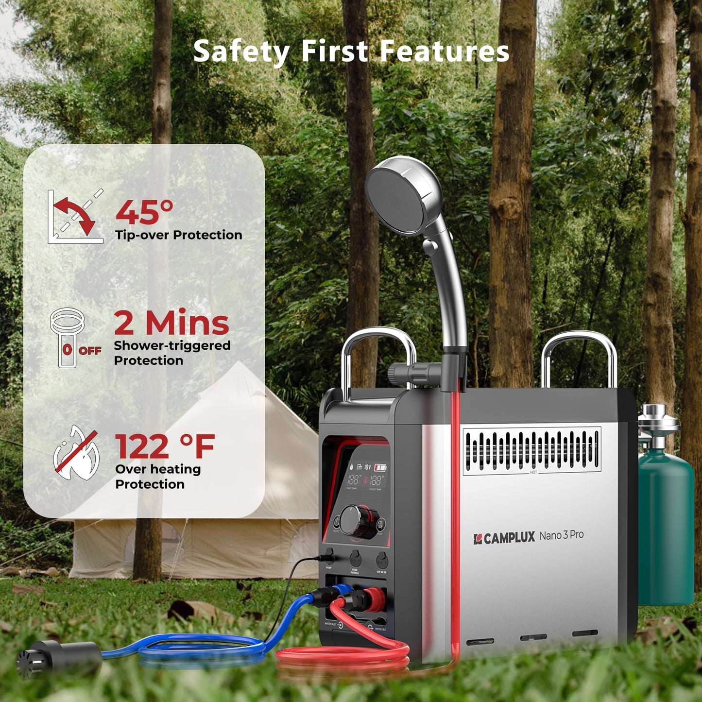 CAMPLUX Battery Powered Portable Water Heater, 1 lb On-Demand Propane Camping Shower Nano 3 Pro, On Ground Camp Water Heater & Shower Pump