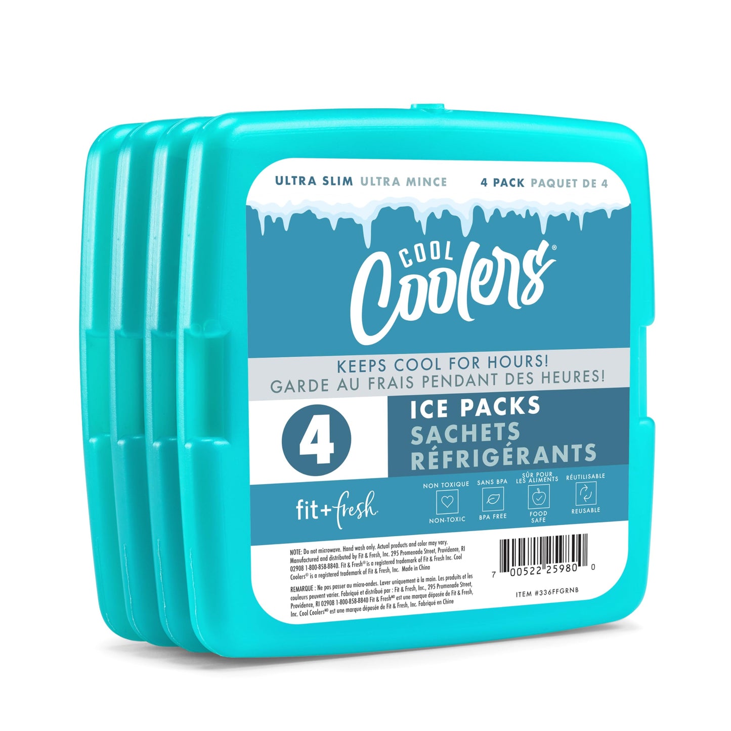 Cool Coolers by Fit & Fresh 4 Pack Slim Ice Packs, Quick Freeze Space Saving Reusable Ice Packs for Lunch Boxes or Coolers, Multi Colored